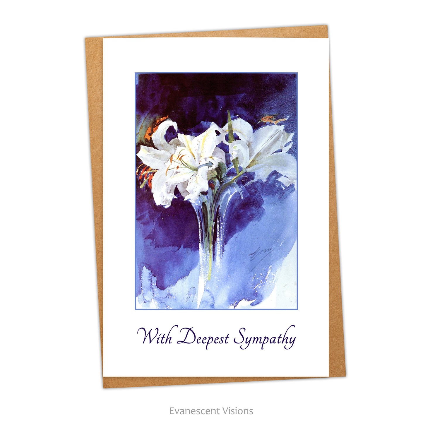 Card and envelope, design of card, White Lilies by Anders Zorn. with the words 'With Deepest Sympathy'.