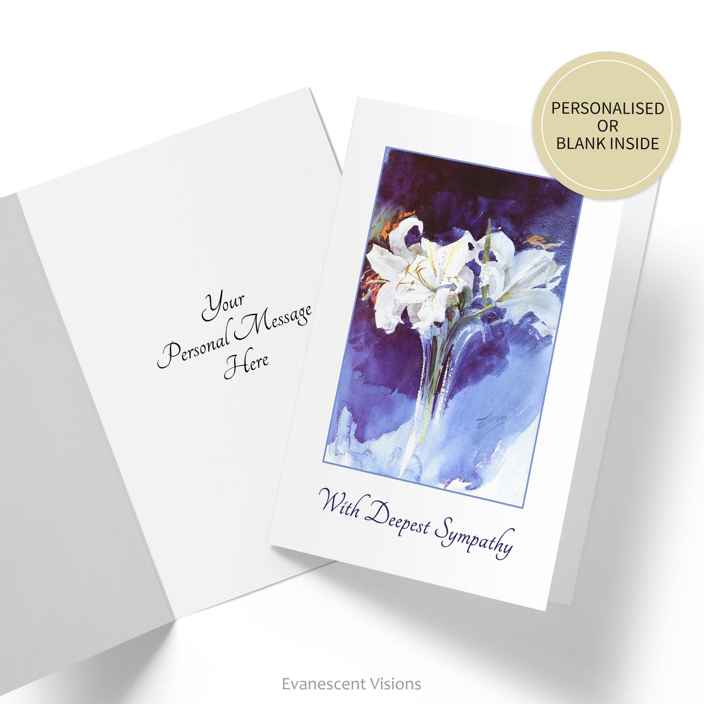 Card with design, White Lilies by Anders Zorn. Inside of card is shown with personalised greeting. Sticker says personalised or blank inside.