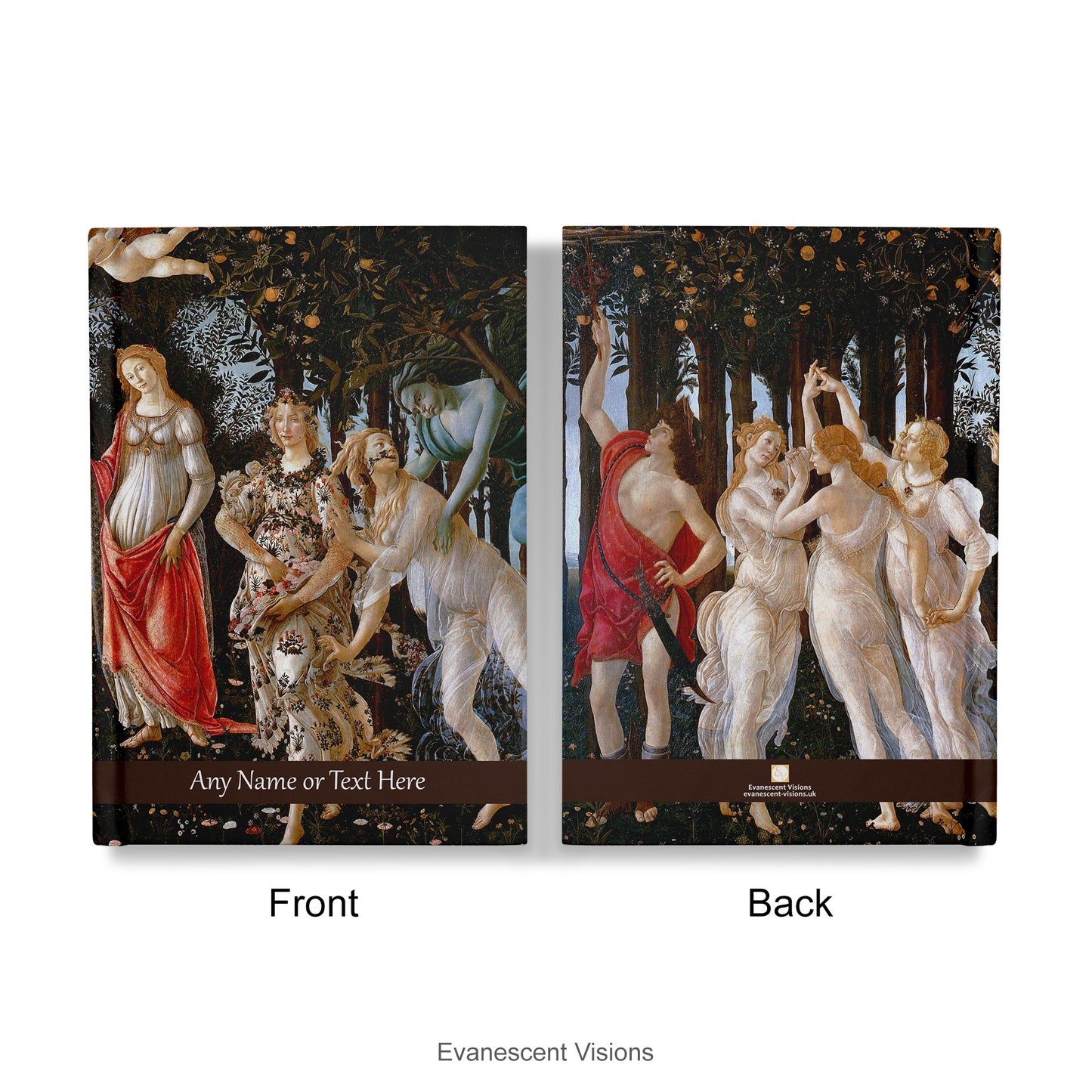 Front and back views of the Personalised Notebook, Hardback decorated with Botticelli's artwork Primavera