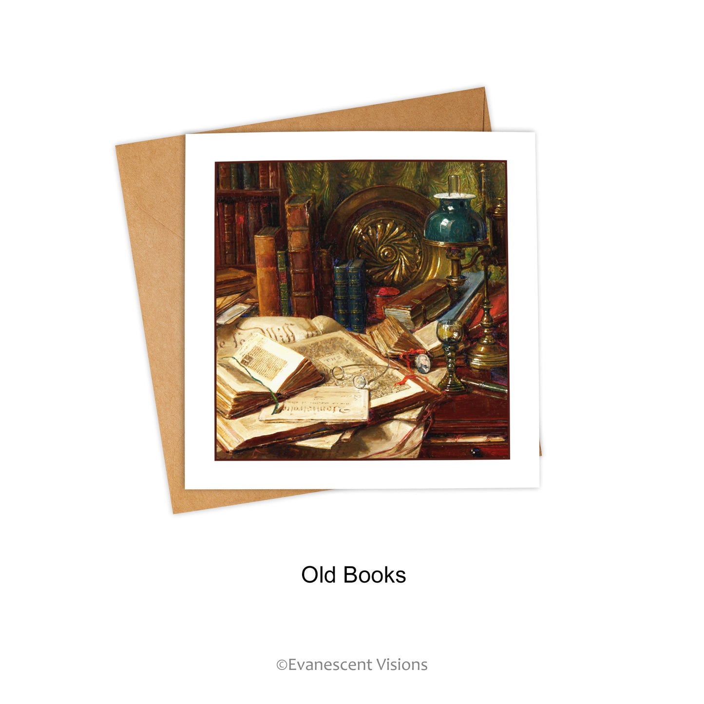 Card and envelope. Design choice 'Old Books' by Catherine M. Wood