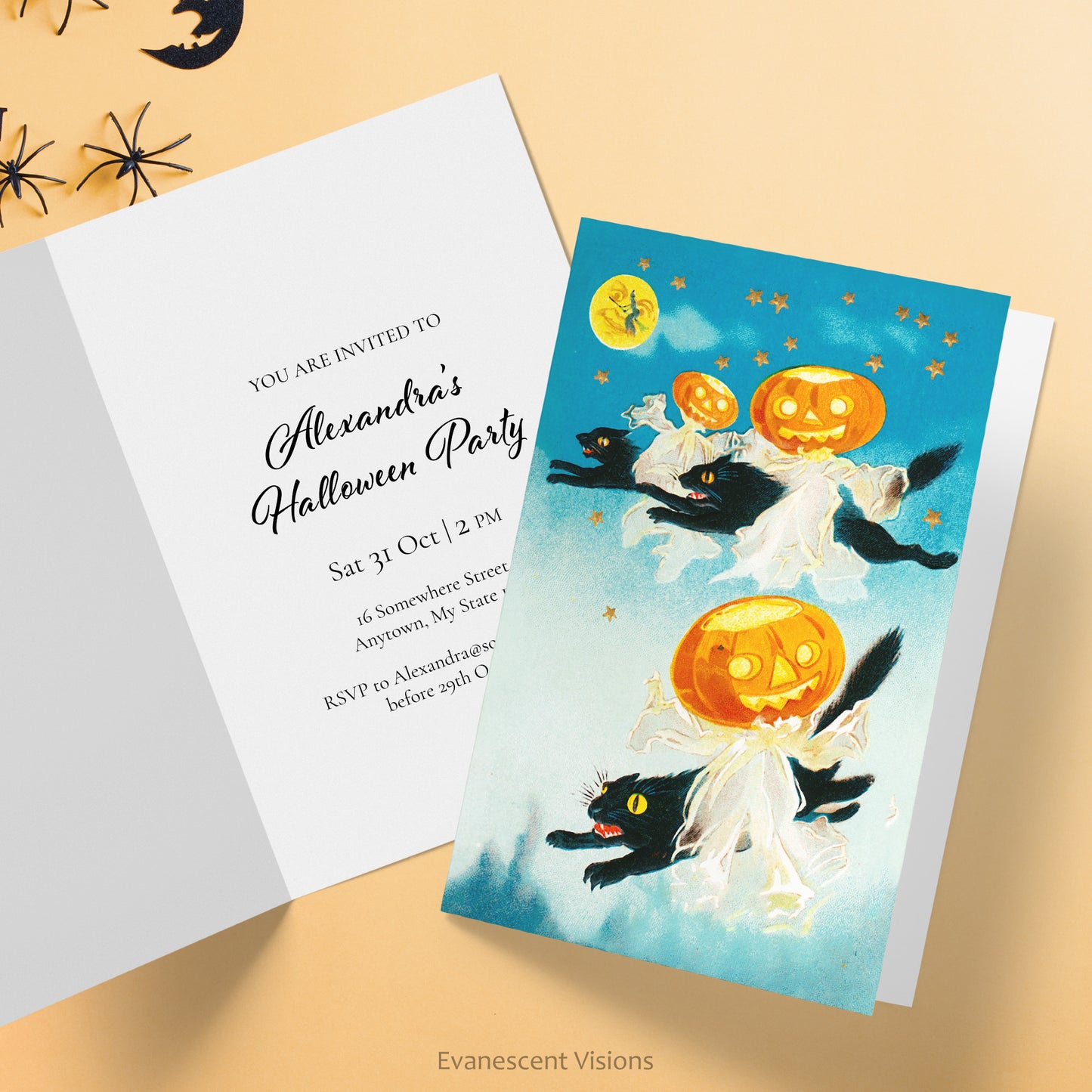 Inside and front view of the Vintage Cats with Pumpkins Design Custom Halloween Invitation Card against and orange coloured background.