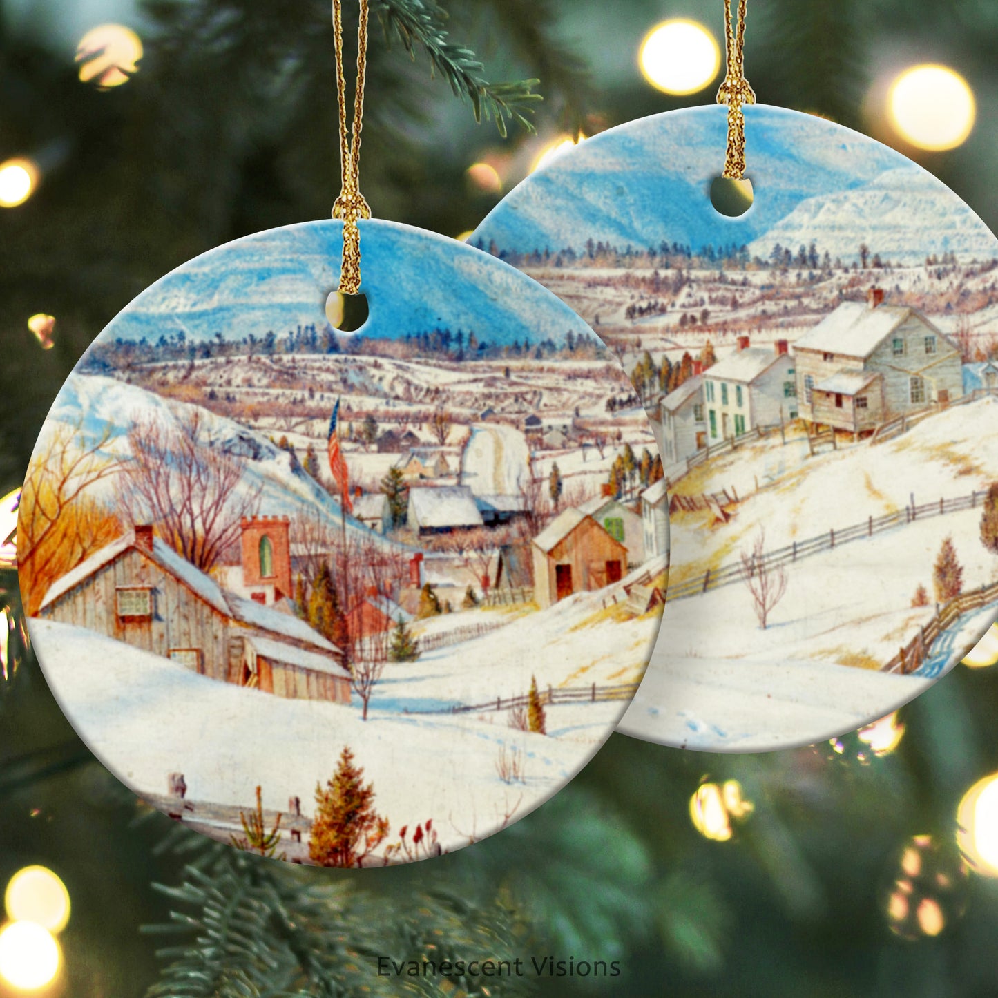 Ceramic Christmas Ornaments with Snowy Winter Landscape painting 'High Peak and Round Top (Catskill) in Winter' by artist Charles Herbert Moore