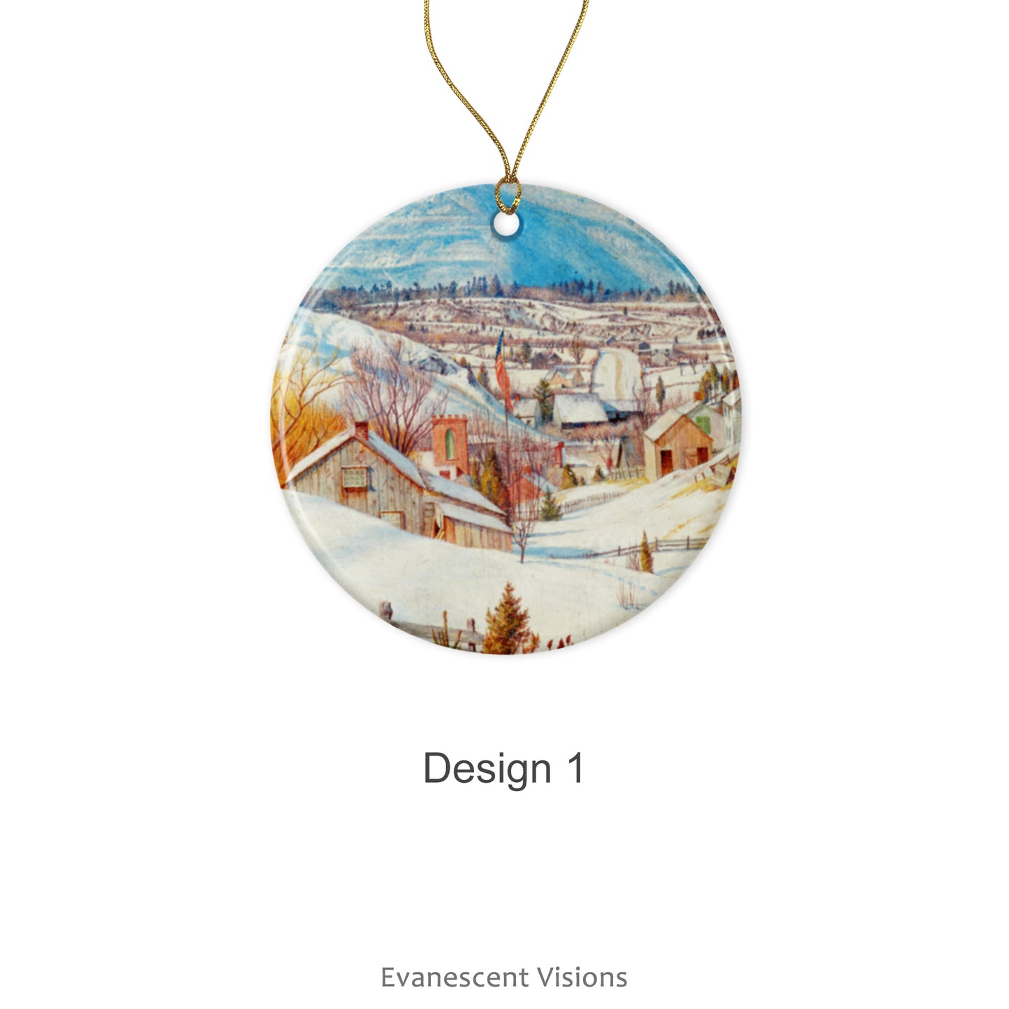 Design option 1 for the Ceramic Christmas Ornaments with Snowy Winter Landscape painting 'High Peak and Round Top (Catskill) in Winter' by artist Charles Herbert Moore