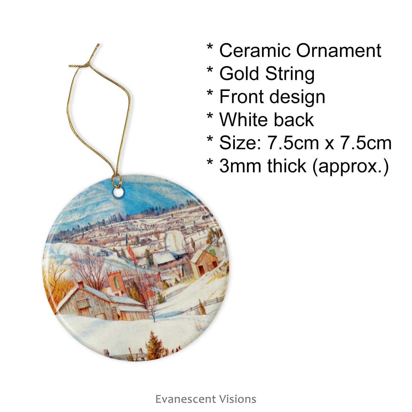 Product details for Ceramic Christmas Ornaments with Snowy Winter Landscape painting 'High Peak and Round Top (Catskill) in Winter' by artist Charles Herbert Moore