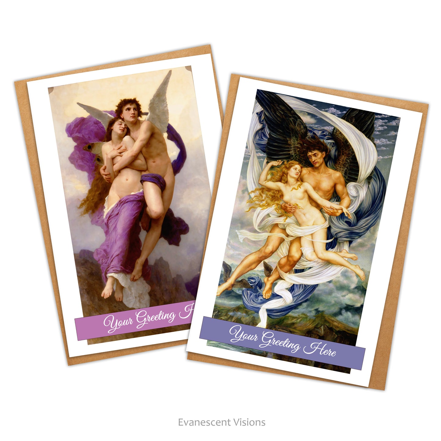 Two cards and envelopes with personalised front greetings. The lefthand card shows the image of 'The Rapture of Psyche' by William-Adolphe Bouguereau and the righthand card shows the image of the painting 'Boreas and Oreithyia' by Evelyn De Morgan.