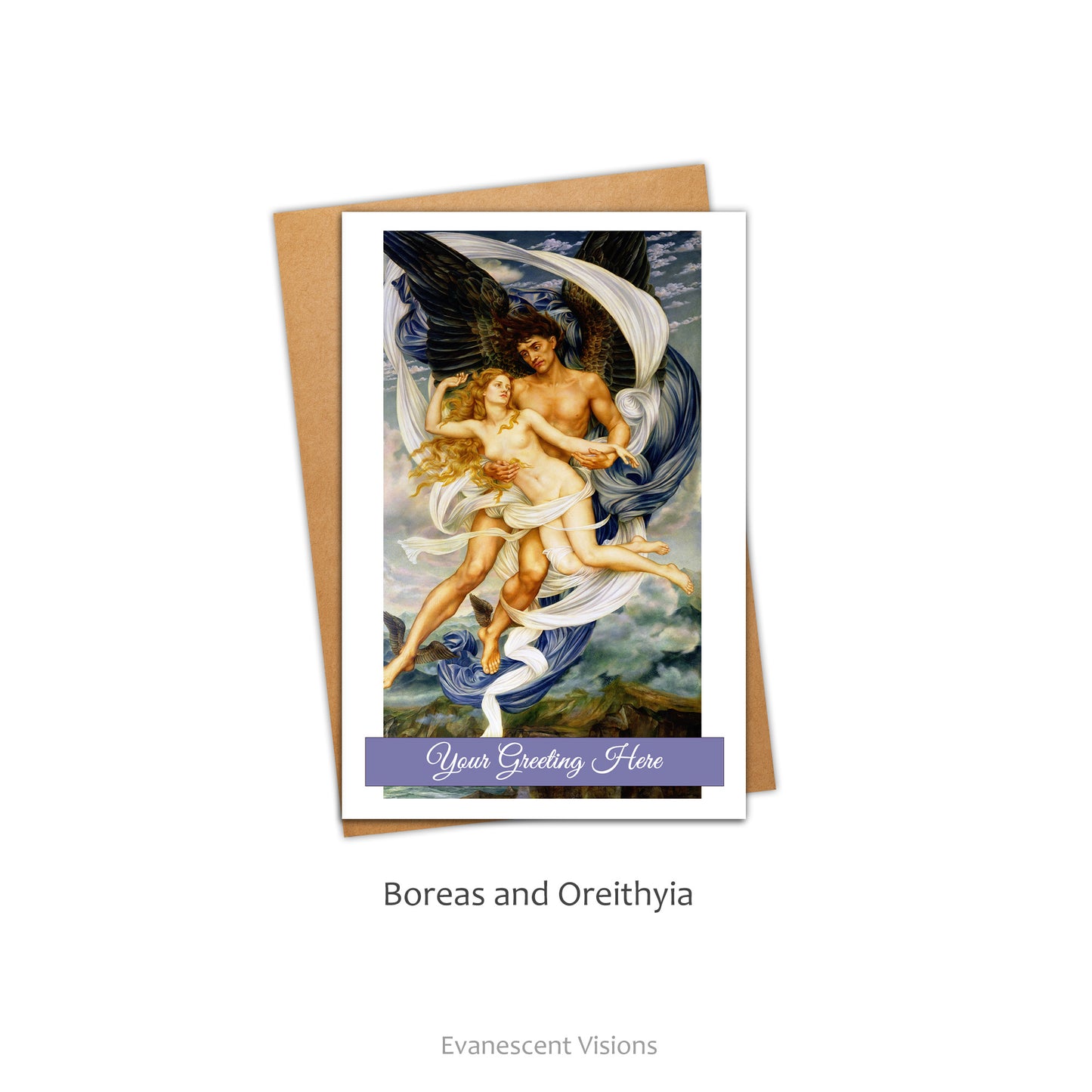 Card and envelope with personalised front greeting. The card shows the image of the painting 'Boreas and Oreithyia' by Evelyn De Morgan.