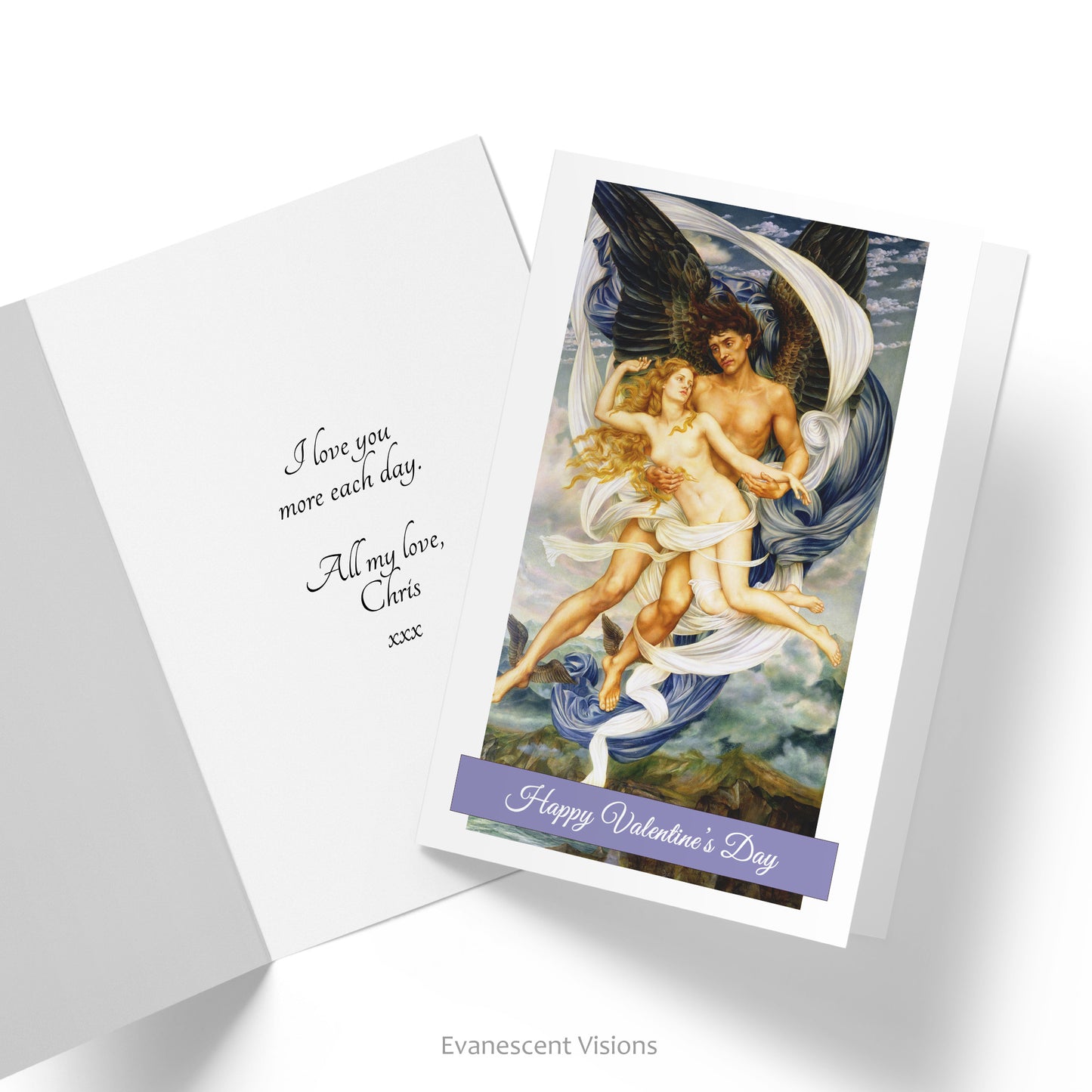 Card showing image of the painting 'Boreas and Oreithyia' by Evelyn De Morgan. Personalised greeting on front of card. Also shown is inside of card with custom greeting.