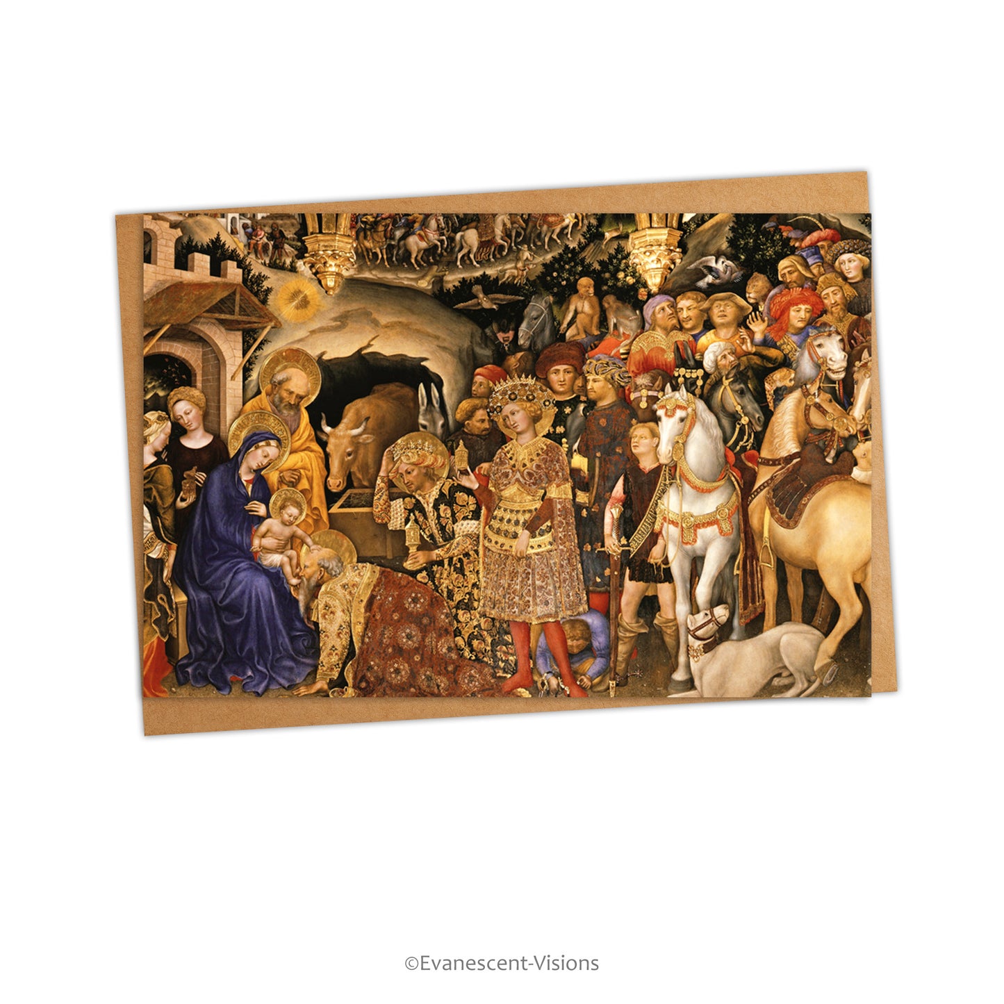 Card and envelope. Card has image of 'The Adoration of the Magi' altarpiece painting by Gentile da Fabriano.