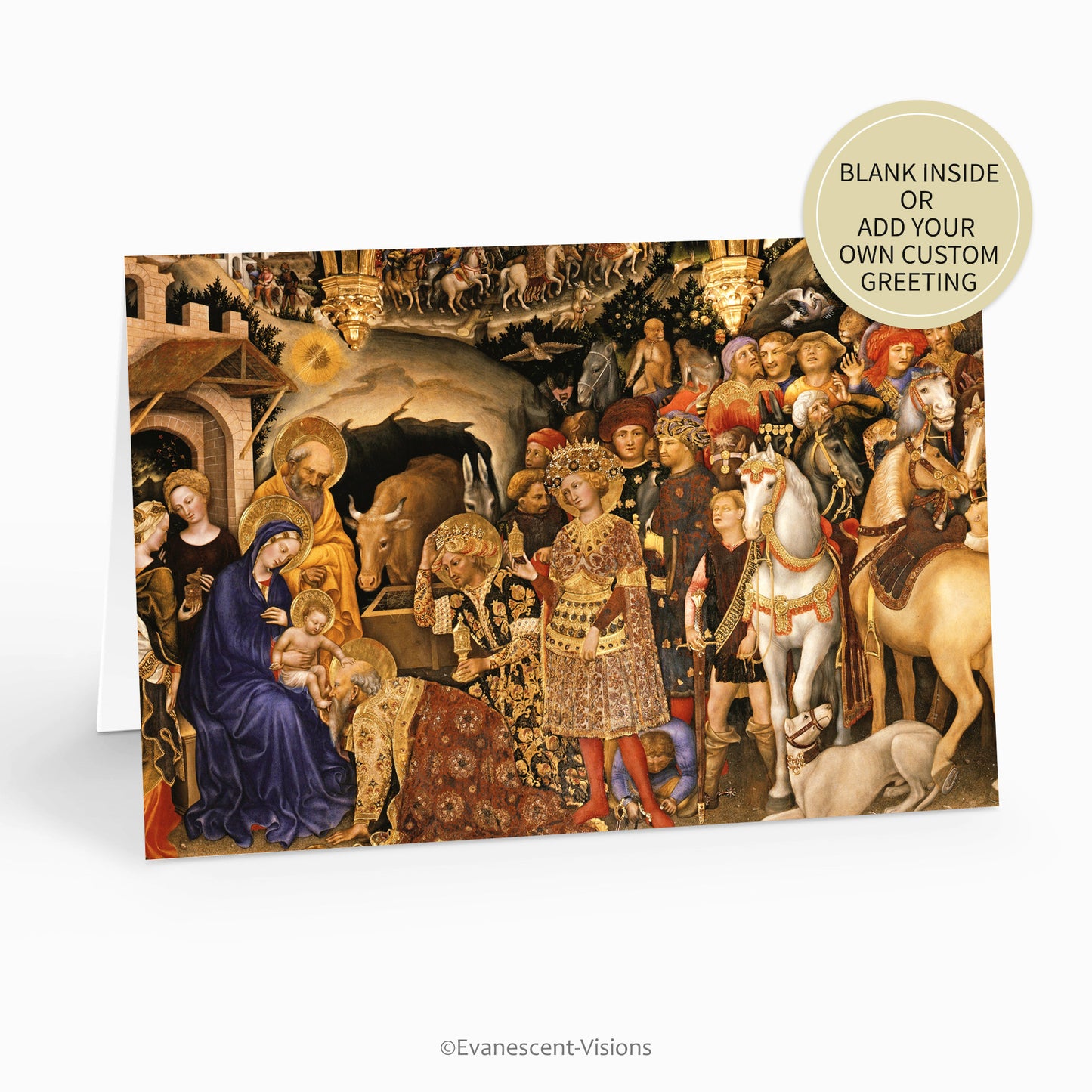 Card standing with design from the altarpiece, 'The Adorationn of the Magi' by Gentile da Fabriano. Gold sticker informs that cards may be ordered blank inside or with custom greeting.