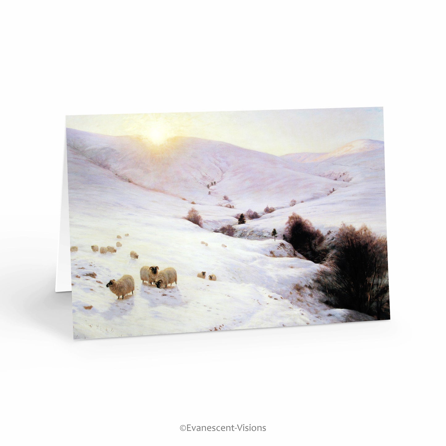 Traditional Winter Holiday Christmas Art Card standing up, with painting Southland Hills by Joseph Farqharson