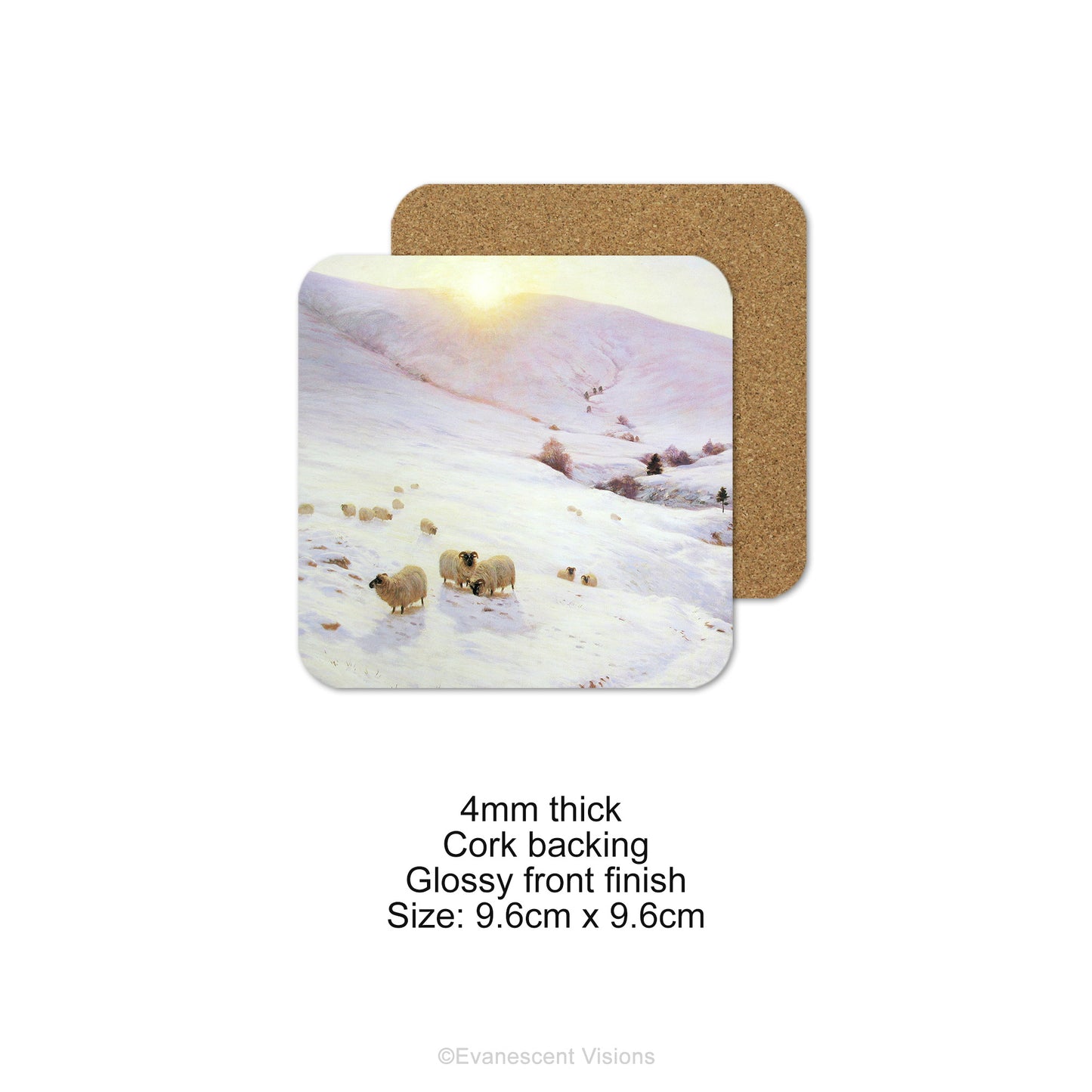 Front and back views and product details for the Farquharson Southland Hills Painting Winter Coaster Set