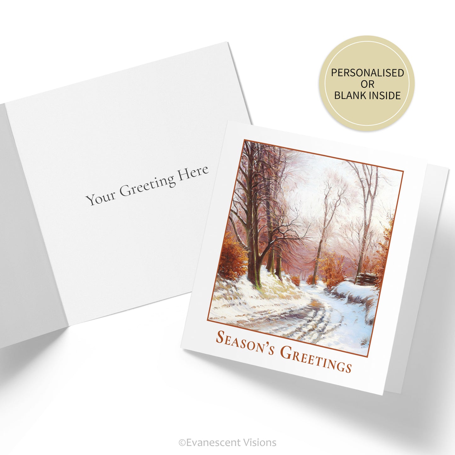 Front and inside custom greeting views of the Winter Road Season's Greetings Traditional Christmas Card with artwork 'The Road to Ørholm' by Sigvard Hansen.