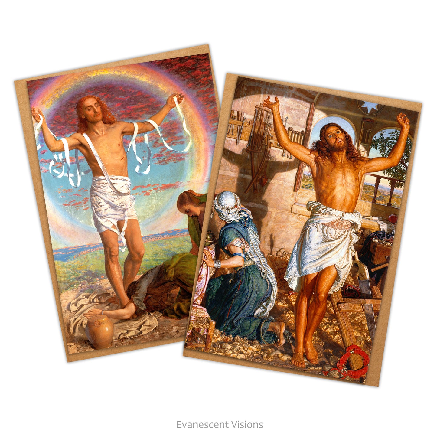 Two cards and envelopes with images from the paintings of William Holman Hunt, 'Christ and the Two Marys' and 'The Shadow of Death.'