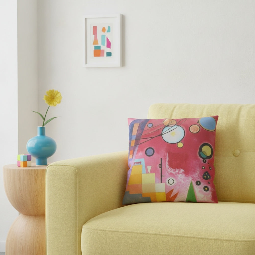 A colourful square cushion featuring an abstract art print of Schweres Rot (Heavy Red) by abstract artist Wassily Kandinsky, styled on a yellow sofa.