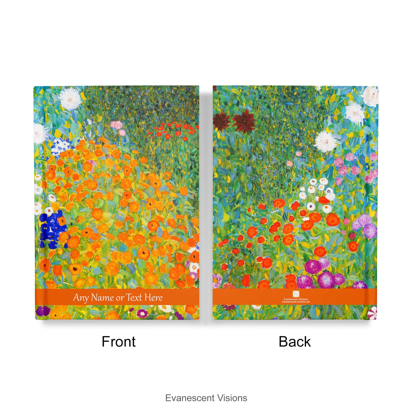Front adn back views of the Personalised Notebook, Hardback with Klimt's Bauerngarten artwork