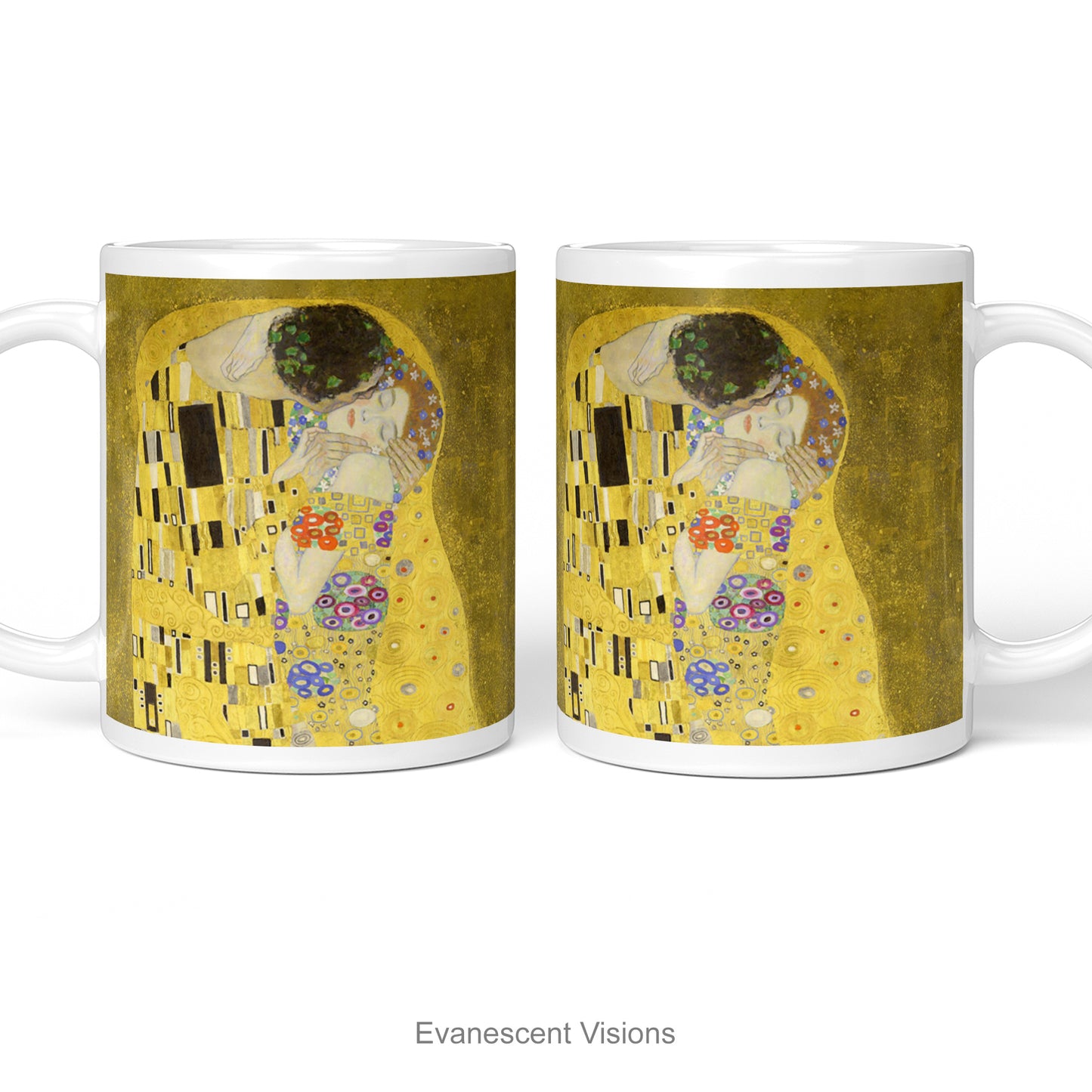 Left and right side views of A white ceramic mug featuring a print of Gustav Klimt's 'The Kiss' painting shown on a white background.