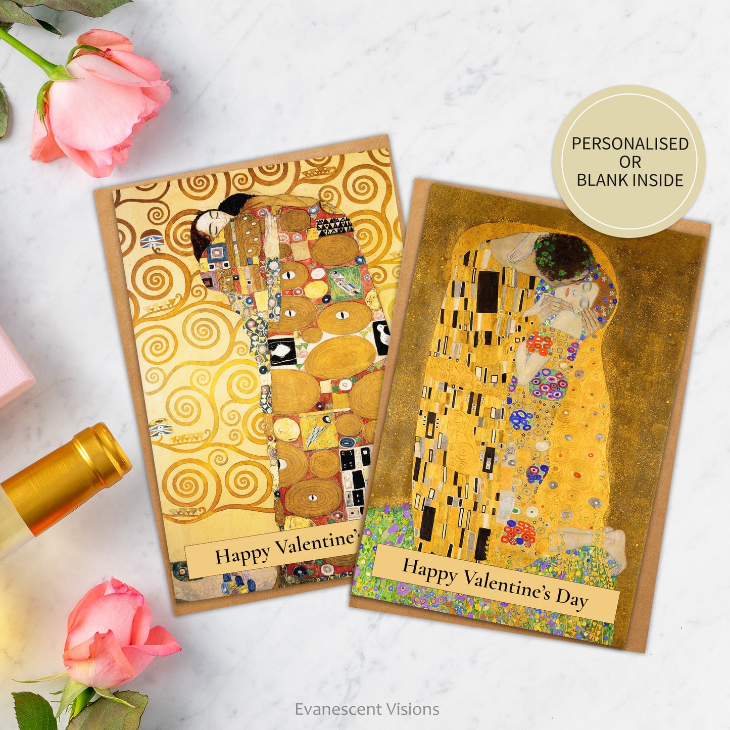 Personalised Valentine Cards with paintings 'The Kiss' or 'Fulfilment (the Embrace)' by Gustav Klimt laying on a marble table with roses