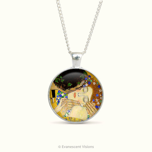 Double sided cabochon pendant necklace with artwork 'The Kiss' by Alphonse Mucha