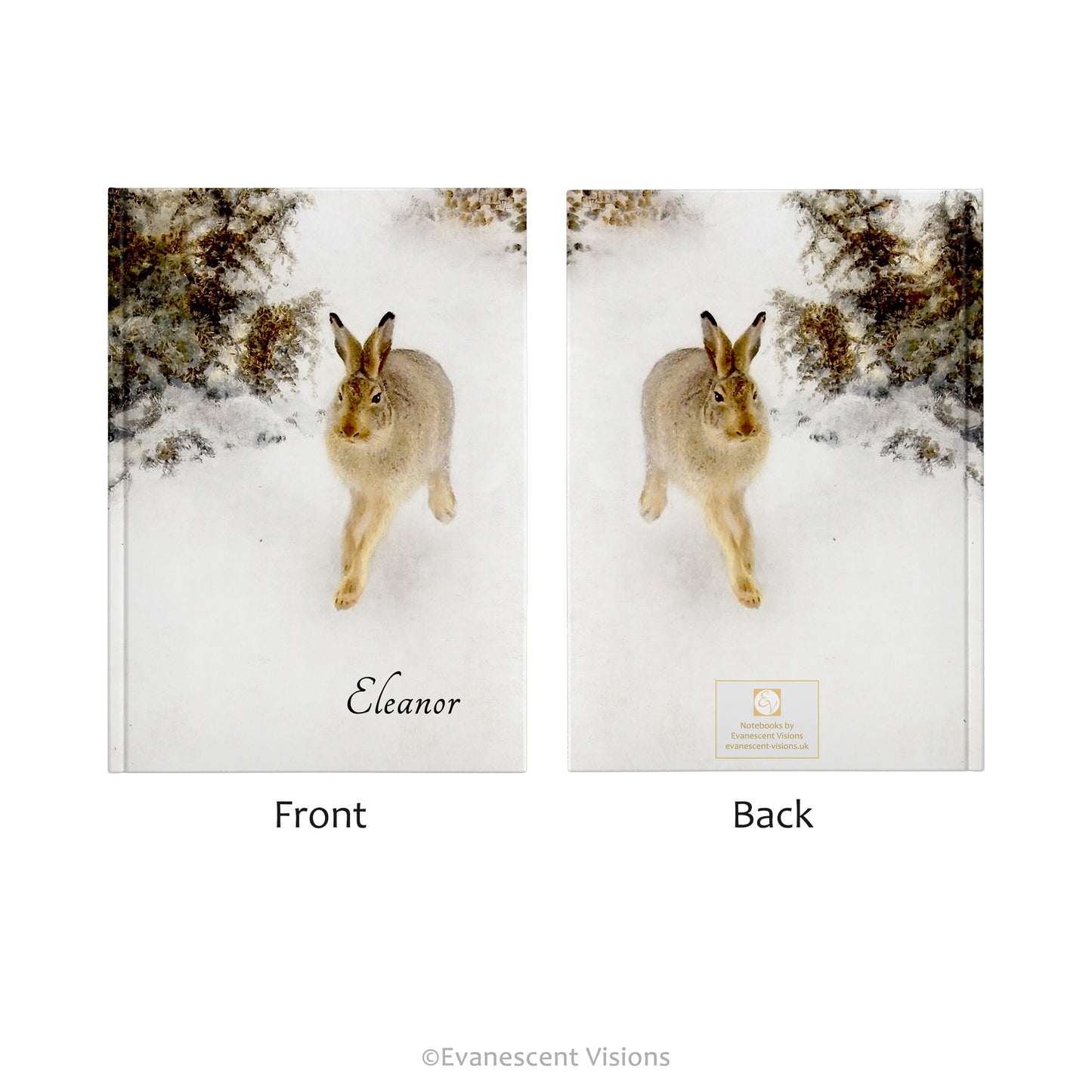 Front and back view of the Personalised Hardback Notebook with artwork 'Winter Hare' by Bruno Liljefors