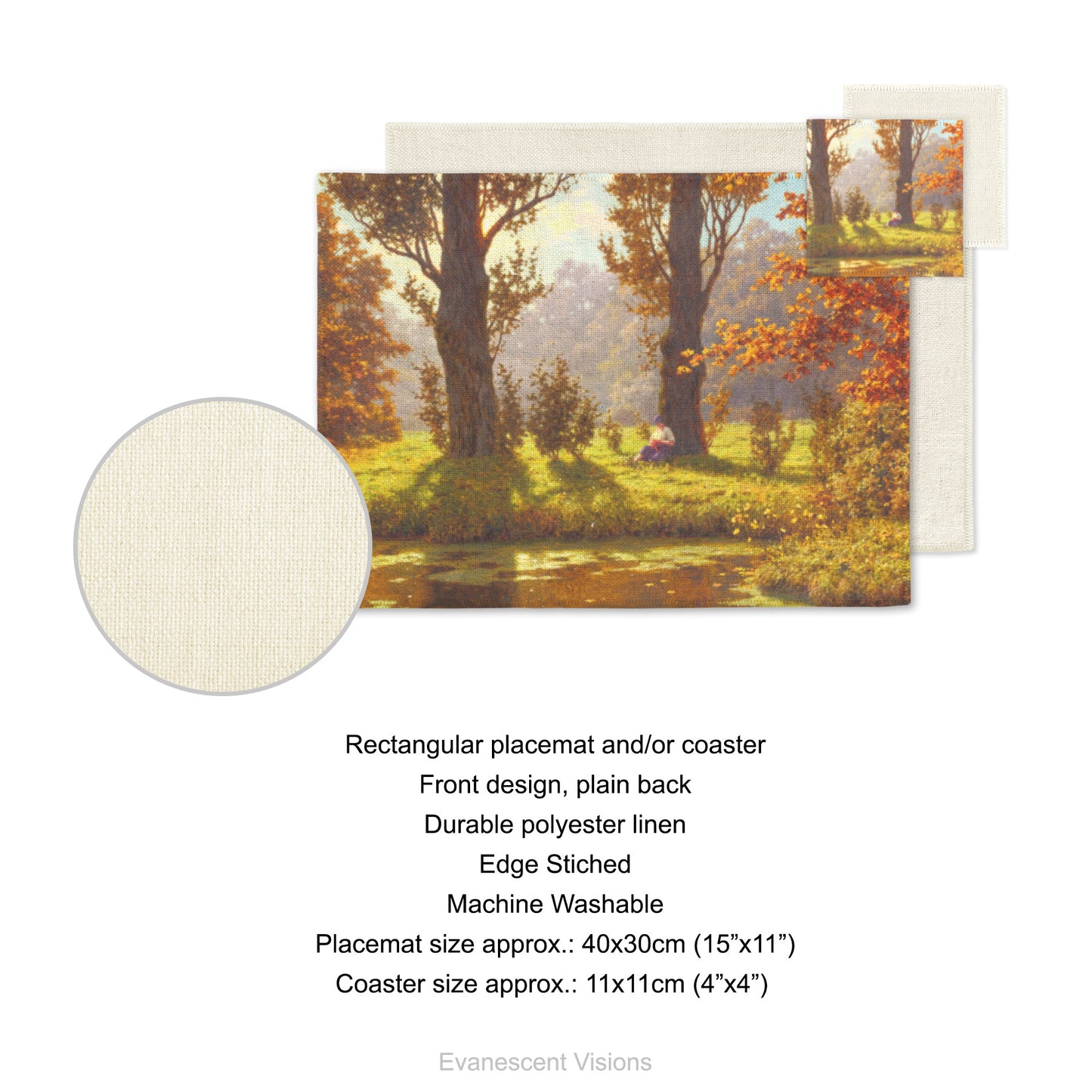 Placemat and coaster with design of 'A Sunny Afternoon' by Ivan Fedorovich Choultsé. Product details for placemat and coaster. Front design, plain back, durable polyester linen, edge sticked, machine washable. Placemat size approx 40x30cm (15"x11"). Coaster size approx 11x11cm (4"x4")