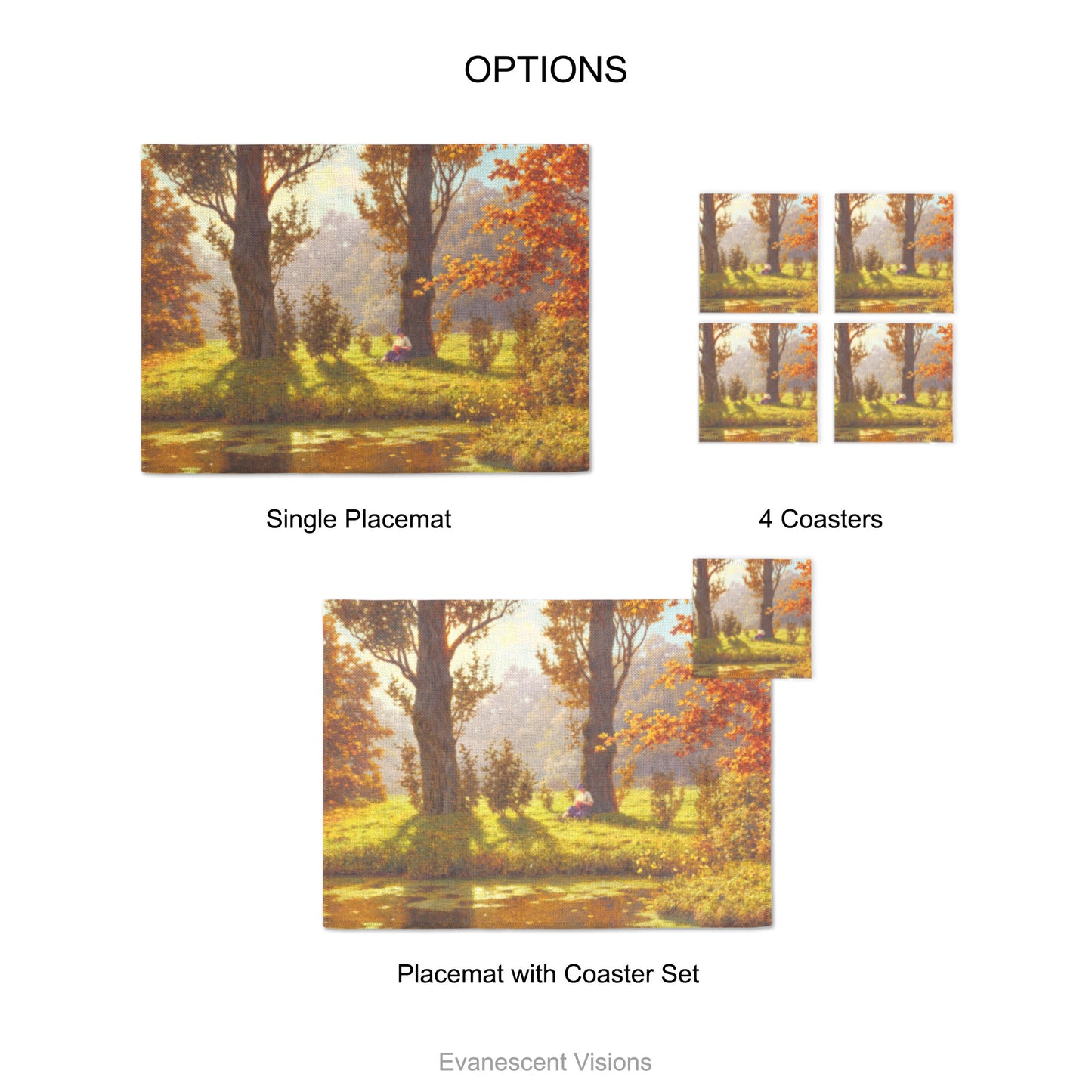 Placemat and coaster with design of 'A Sunny Afternoon' by Ivan Fedorovich Choultsé (1874–1939). Product options shows single placemat, set of 4 coasters and placemat with coaster set.