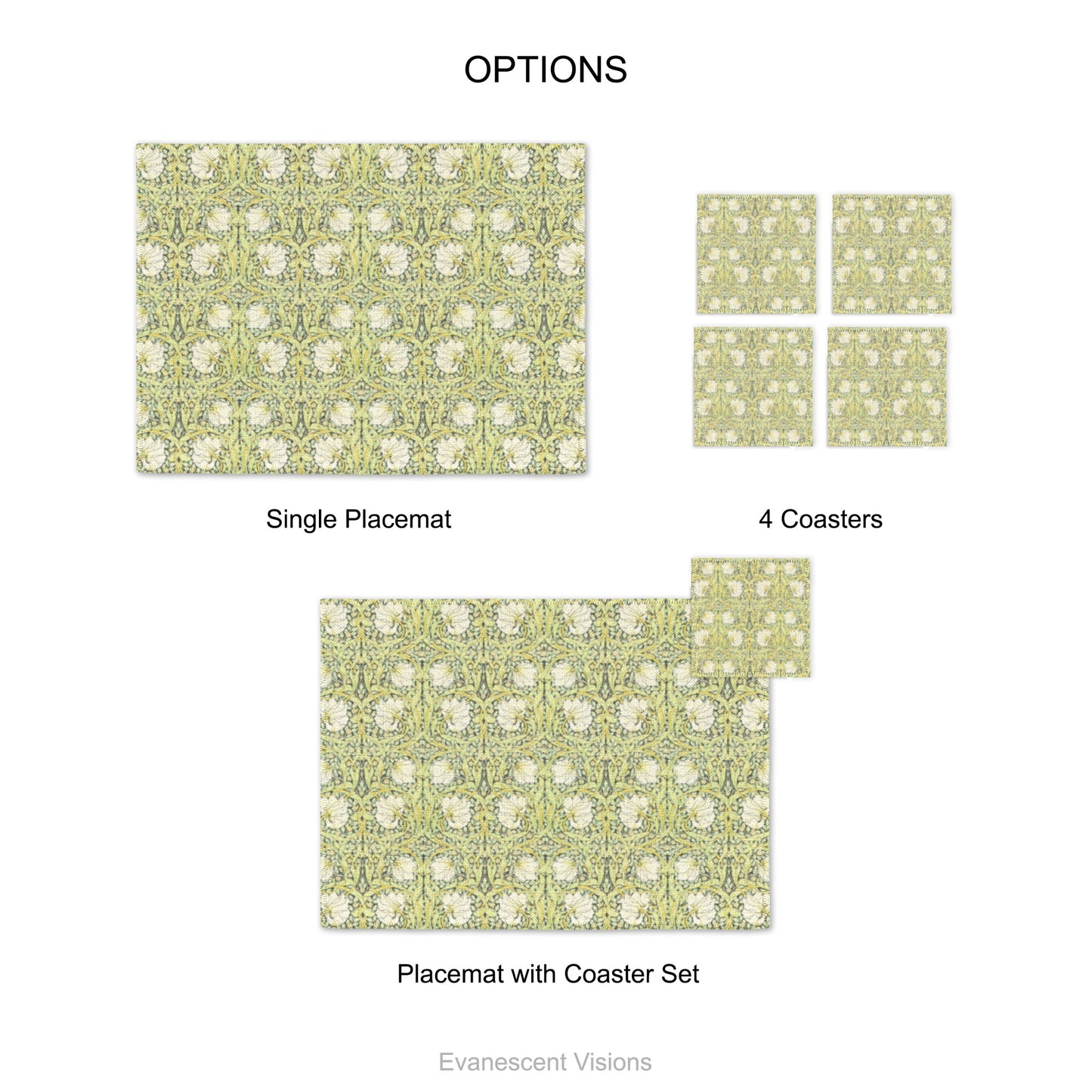 Morris Pimpernel Green Fabric Placemat and Coasters