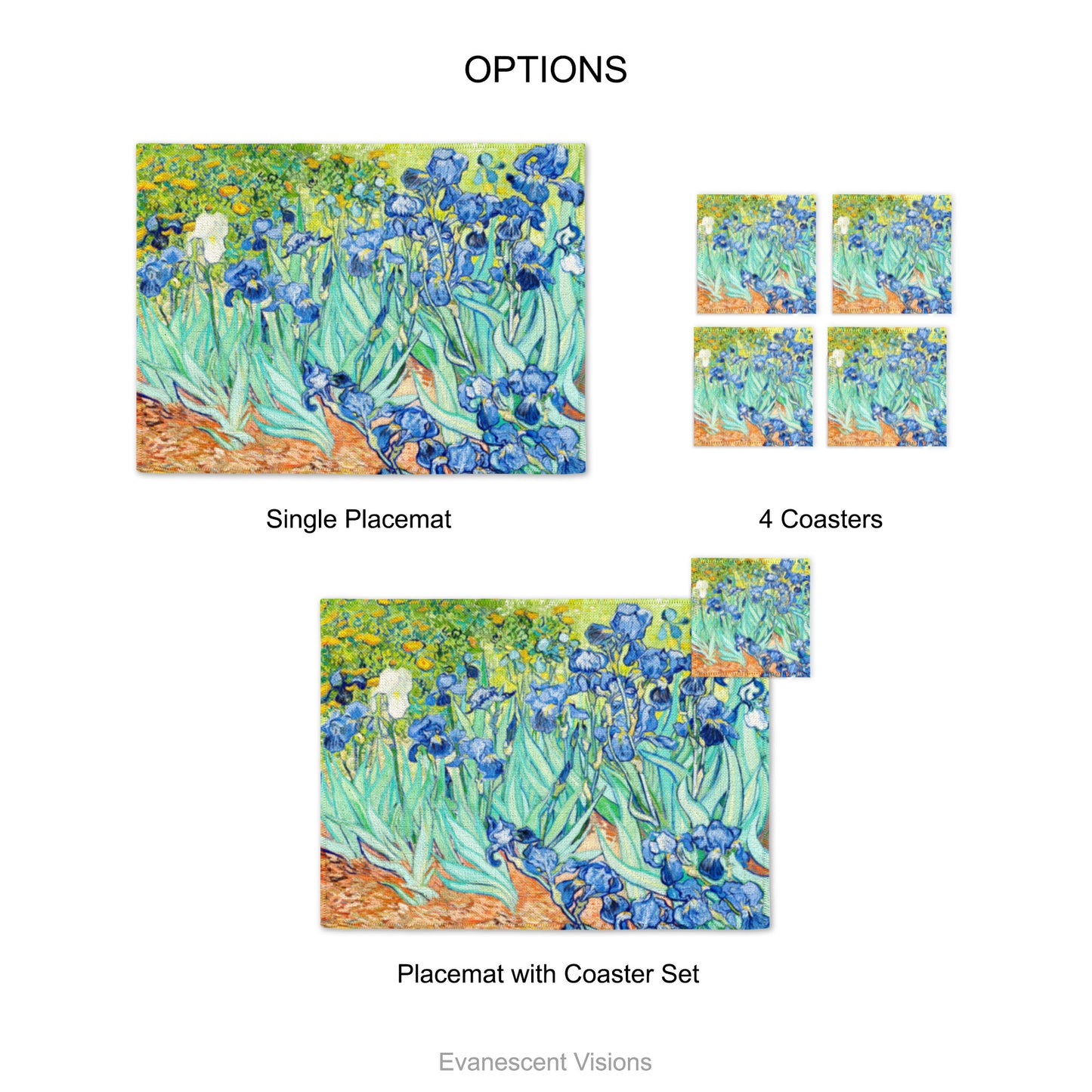 Placemat and coaster with design of 'Irises' by Vincent Van Gogh. Product options shows single placemat, set of 4 coasters and placemat with coaster set.