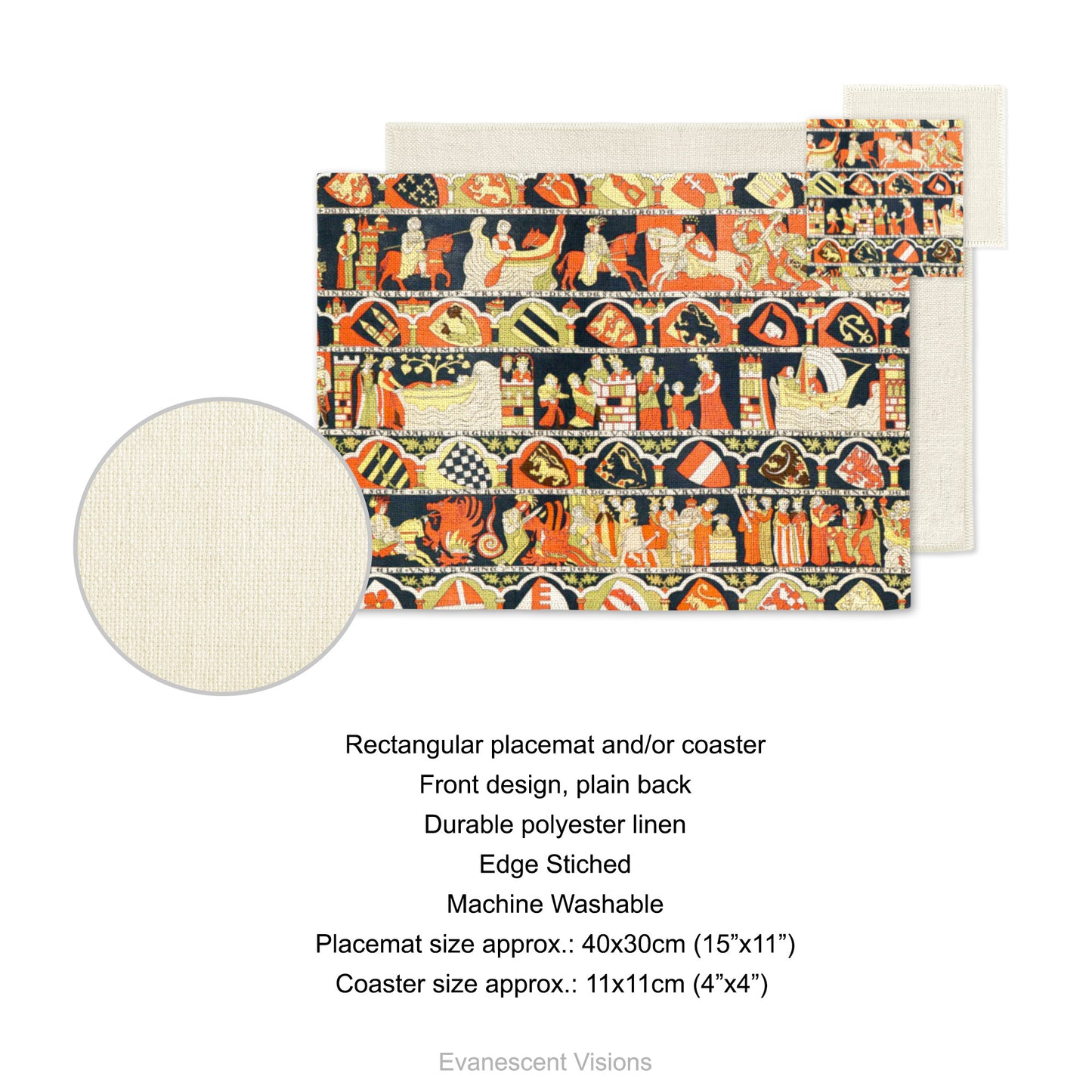 Placemat and coaster with design based on the Medieval 14th century Tristan Tapestry from the Wienhausen Cloister. Product details for placemat and coaster. Front design, plain back, durable polyester linen, edge sticked, machine washable. Placemat size approx 40x30cm (15"x11"). Coaster size approx 11x11cm (4"x4")