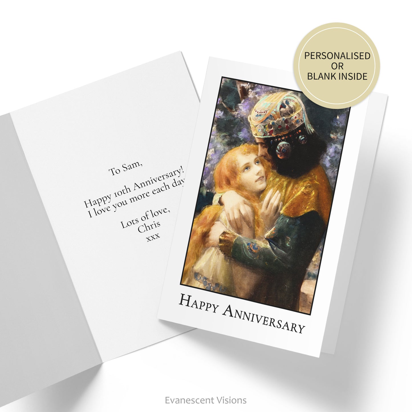 Front of card with image from painting'Elsa and Lohengrin' by Gaston Bussière and 'Happy Anniversary' underneath. Inside of card shown with example of custom greeting.