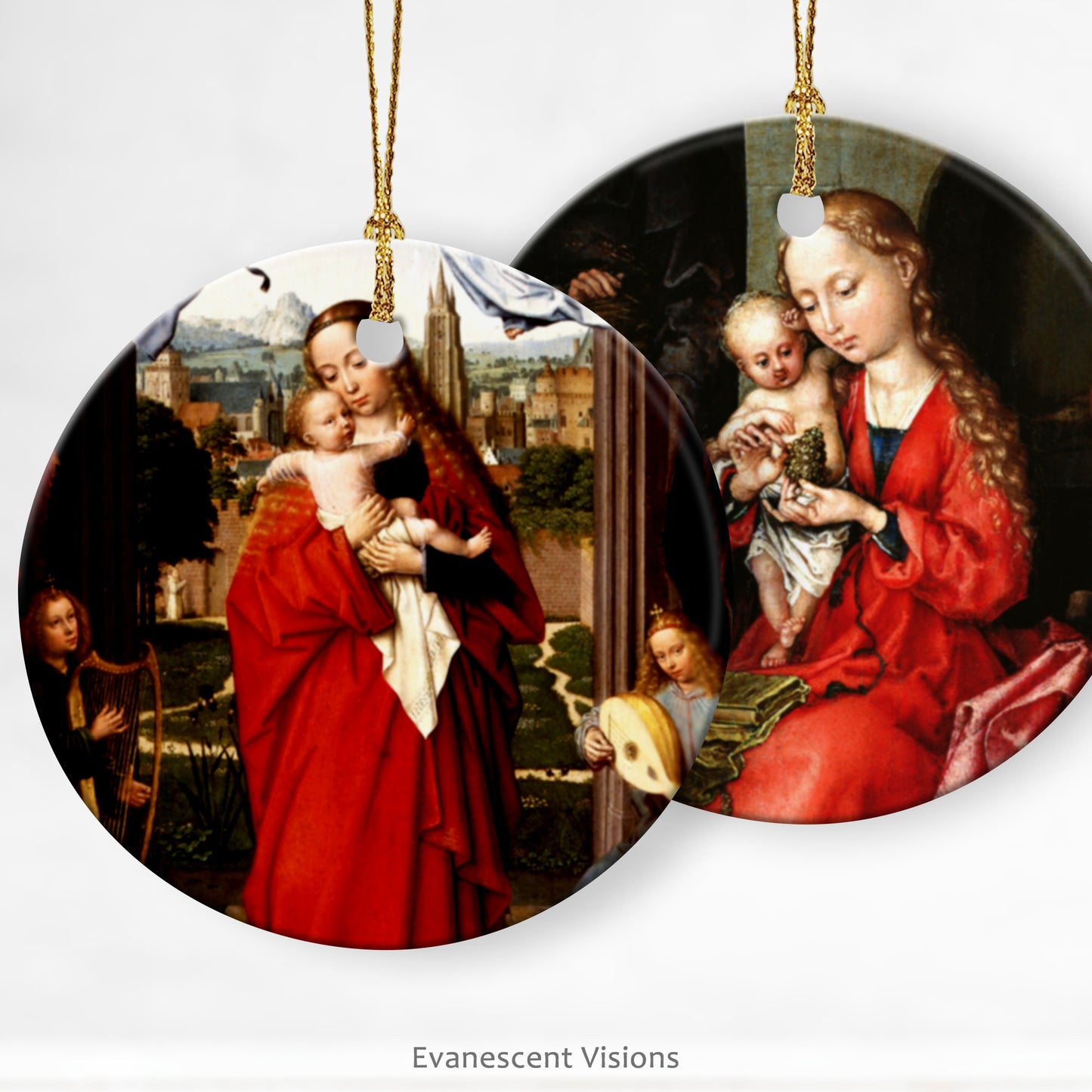 Two Ceramic Christmas ornaments with images of the Madonna and Child by Gerard David and Martin Schongauer