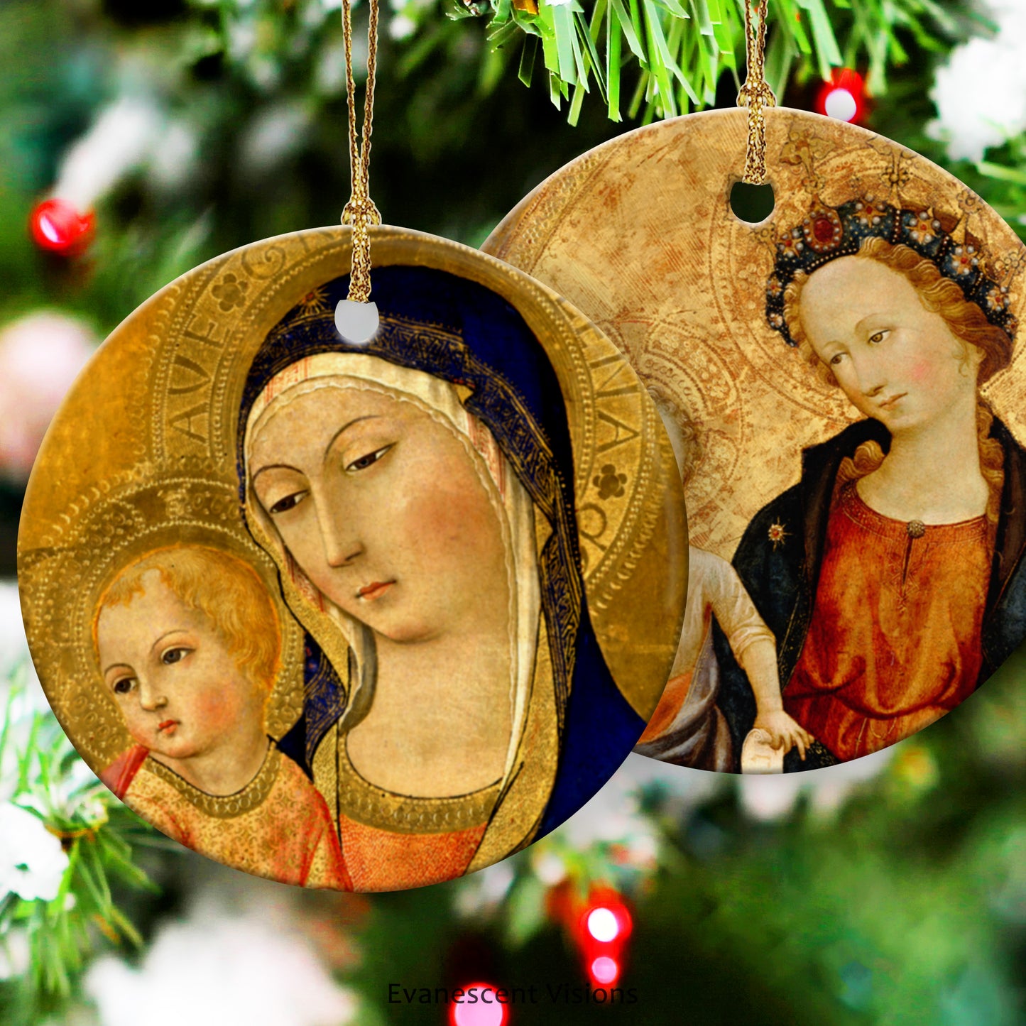 Ceramic Christmas Ornaments with paintings of the Madonna and Child