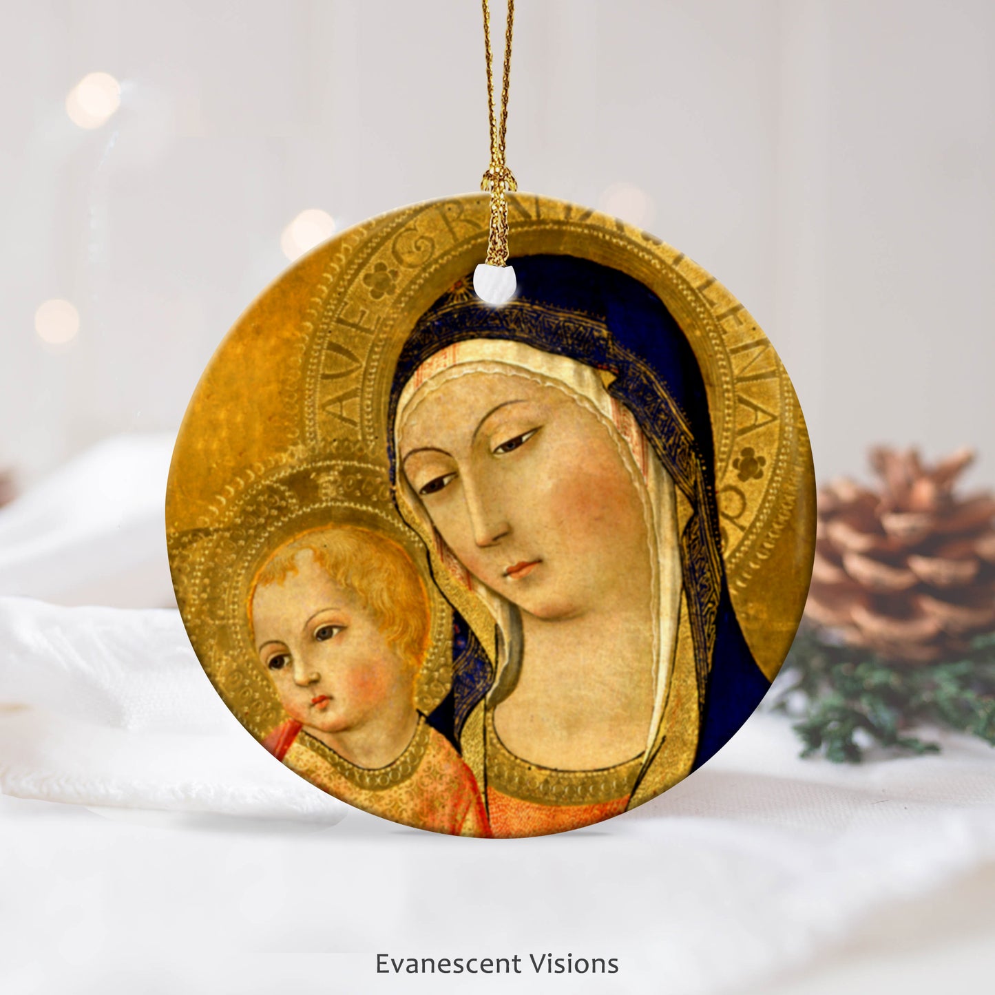 Ceramic Christmas Ornaments with a painting of the Madonna and Child