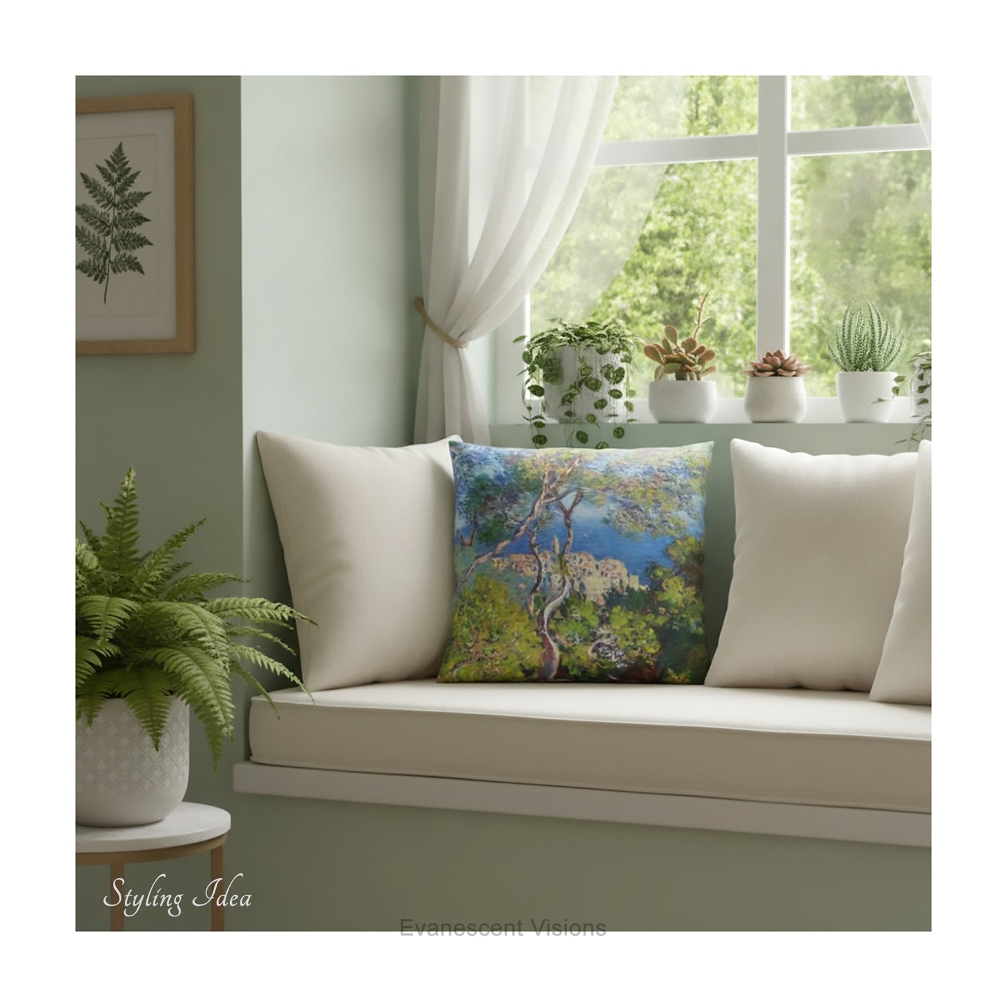 A square pillow printed with with Monet's Bordighera painting, on a window seat in a room with green decor and plants.