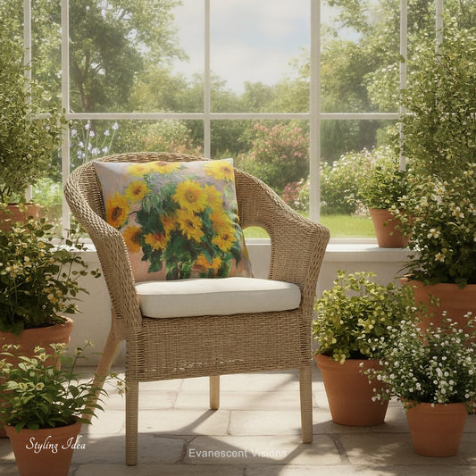 A square cushion with a print of impressionist painting 'Bouquet of Sunflowers' by Claude Monet on a wicker chair.