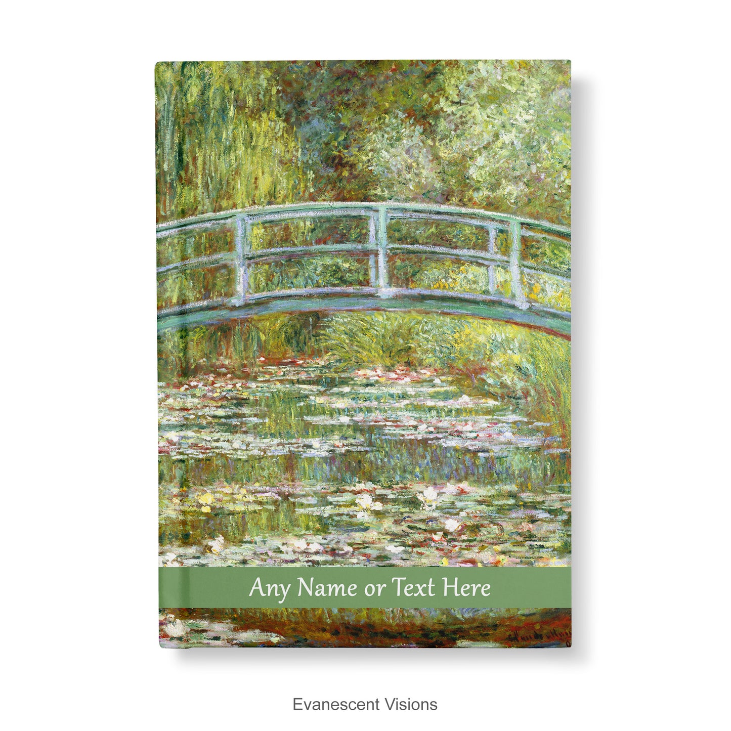 Personalised Notebook, A4, A5, decorated with 'Claude Monet Bridge over a pond of Water Lilies' art