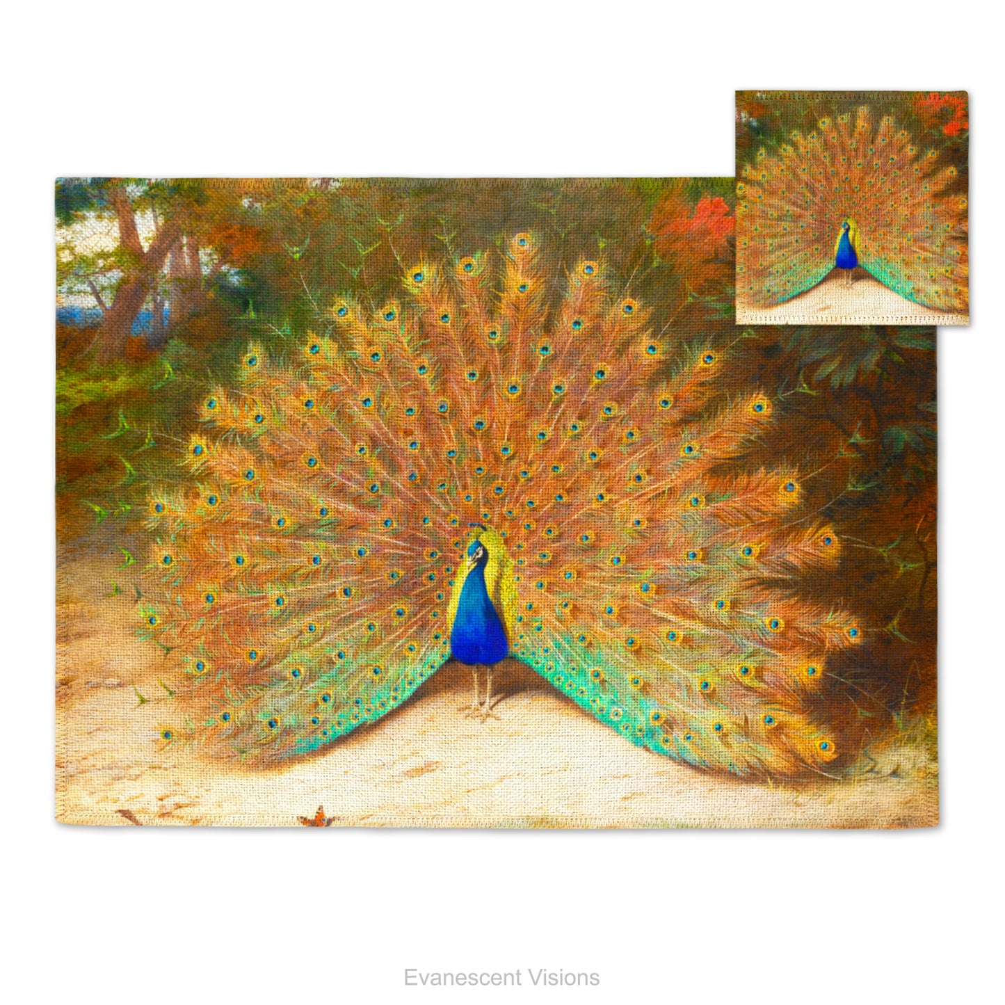 Placemat and coaster set with image of a peacock with open feathers from the painting 'Peacock and Peacock Butterfly' by Archibald Thorburn (1860-1935)