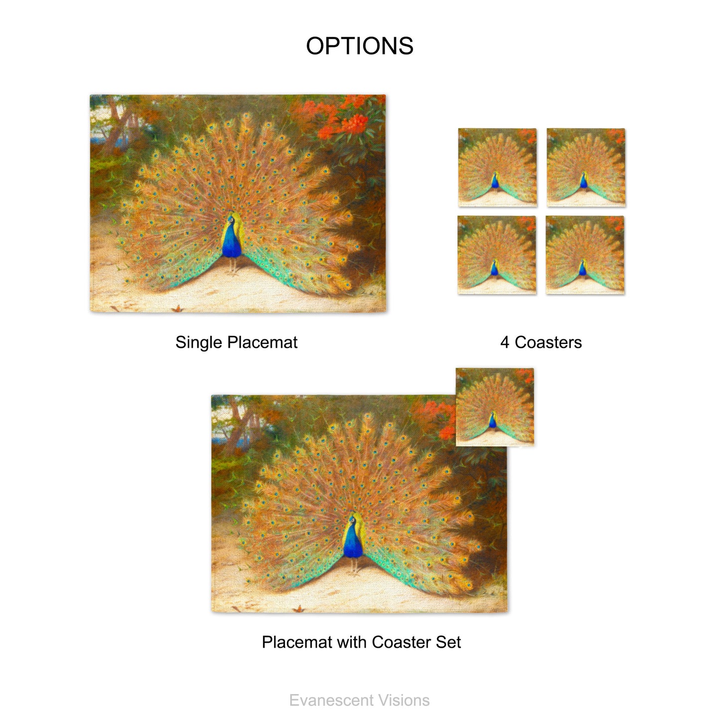 Placemat options, showing single placemat, 4 coasters or placemat and coaster set. Design is painting with peacock in full feather display, from artwork 'Peacock and Peacock Butterfly' by Archibald Thorburn (1860-1935)