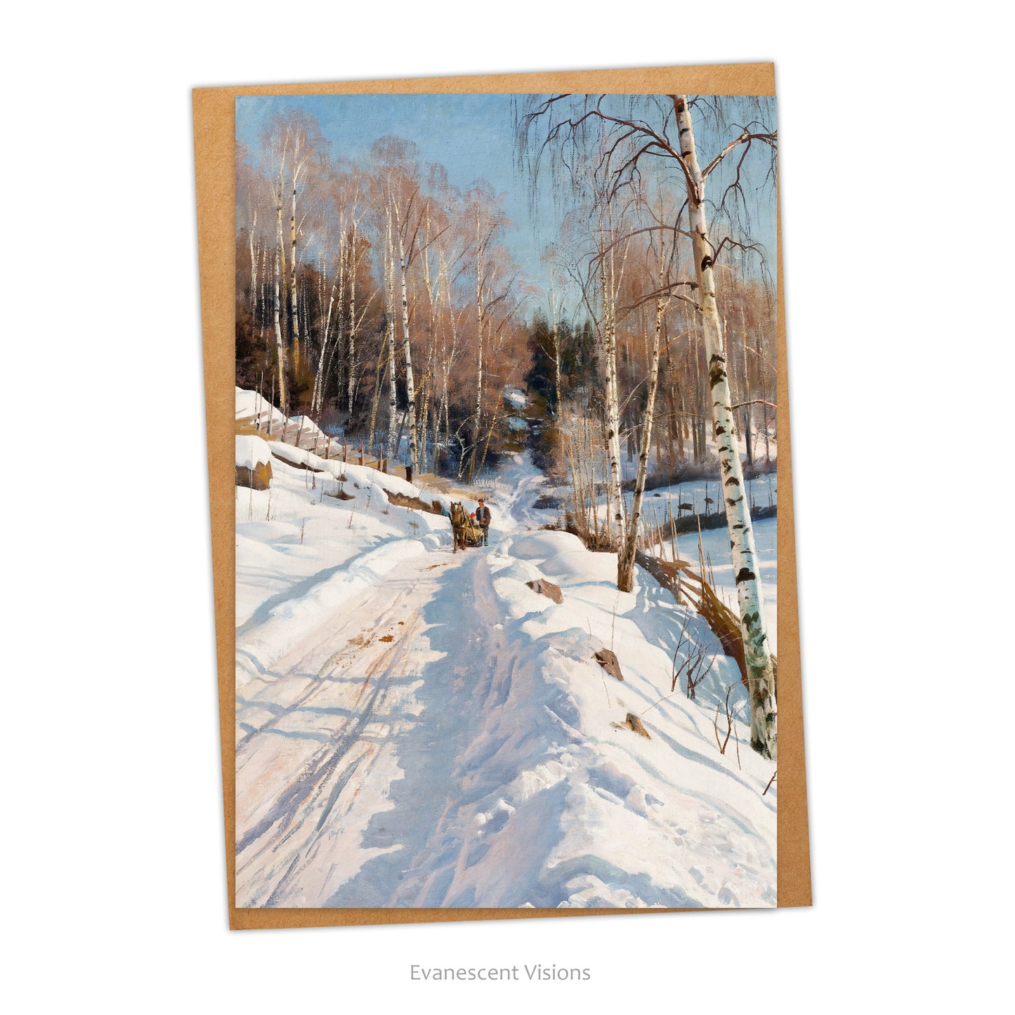 Winter's Day Sleigh Ride Traditional Christmas Card with artwork Sleigh Ride on a Sunny Winter Day by Peder Mørk Mønsted, with an envelope.