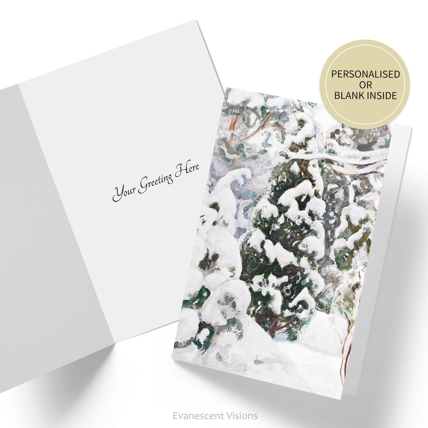 Inside and front views of the Juniper Tree in Snow Winter Holiday or Christmas Card, showing an example of a custom greeting.