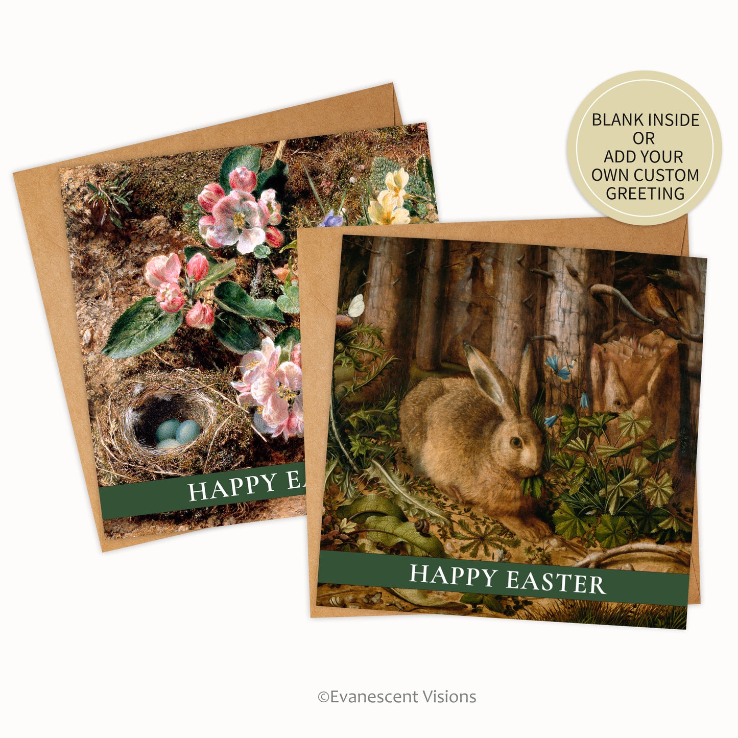 Happy Easter Cards and envelopes with designs from nature paintings, 'Birds Nest, Apple Blossom and Primroses' by William Henry Hunt and 'A Hare in the Forest' by Hans Hoffmann. Gold sticker announces 'Blank inside or add your own custom greeting.'