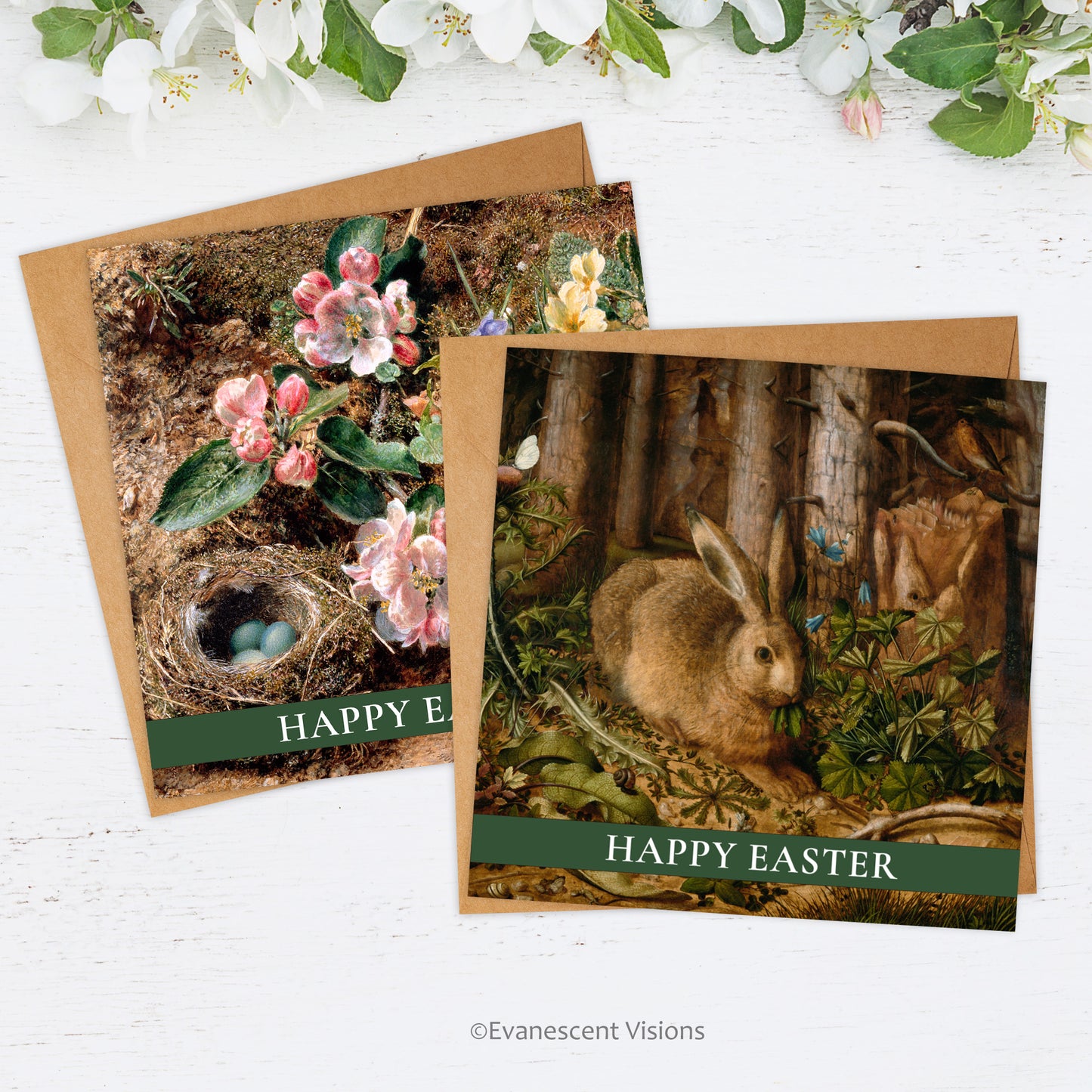Happy Easter Cards and envelopes with designs from nature paintings, 'Birds Nest, Apple Blossom and Primroses' by William Henry Hunt and 'A Hare in the Forest' by Hans Hoffmann.