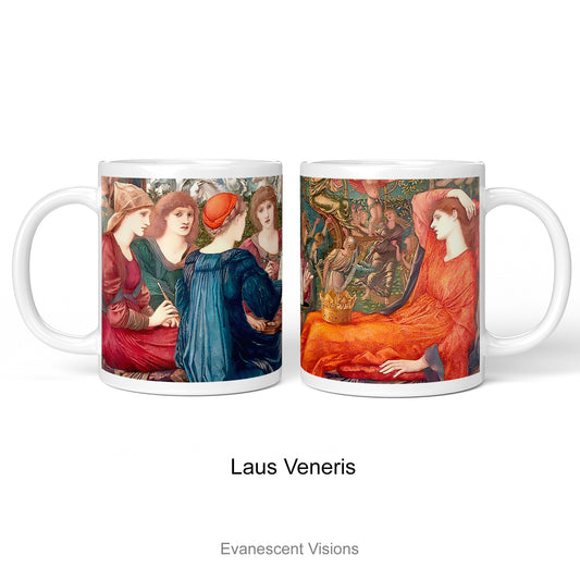 Left and right side views of A white ceramic mug featuring a detailed classical painting print oLaus Veneris by Edward Burne Jones