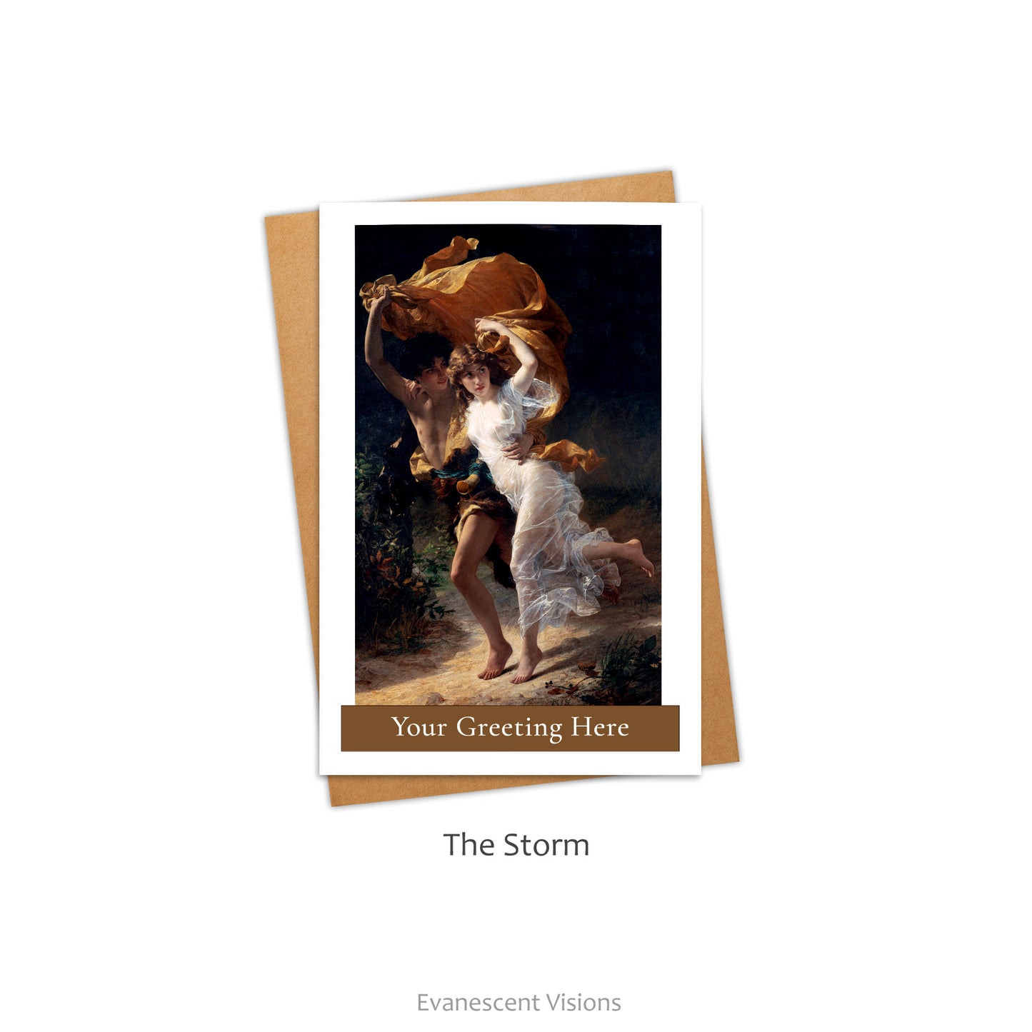 Card and envelope with design 'The Storm' by Pierre Auguste Cot. Card has band which says 'Your Greeting Here.'