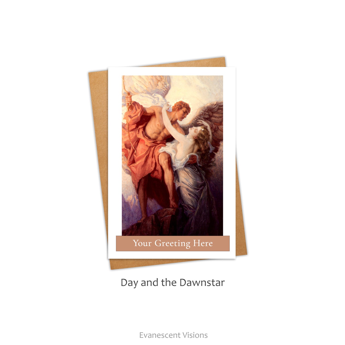 Card and envelope with design 'Day and the Dawnstar' by Herbert James Draper. Card has band which says 'Your Greeting Here.'