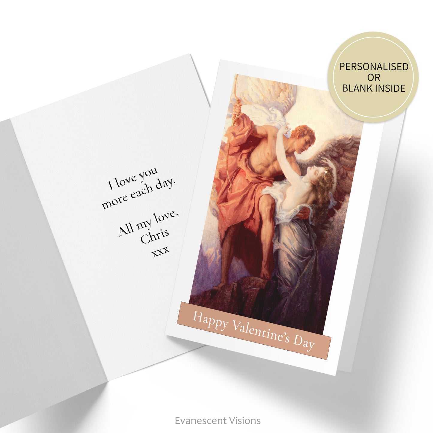 Card with the image 'Day and the Dawnstar' by Herbert James Draper. On the front of the card it says 'Happy Valentine's Day'. Inside of card is shown with custom greeting. Sticker says personalised or blank inside.