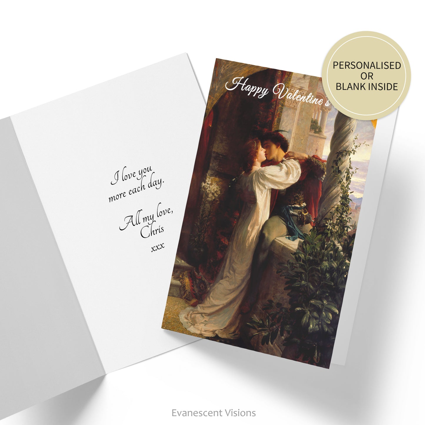 Front and inside view of Rome and Juliet Valentine card showing an example of a personalised greeting.