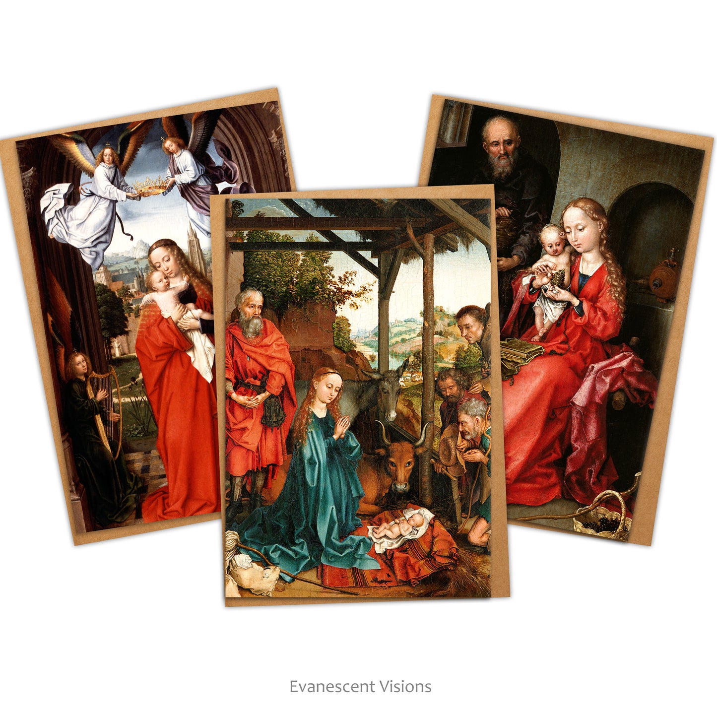 Three Christmas Cards and envelopes with Medieval Fine Art Images