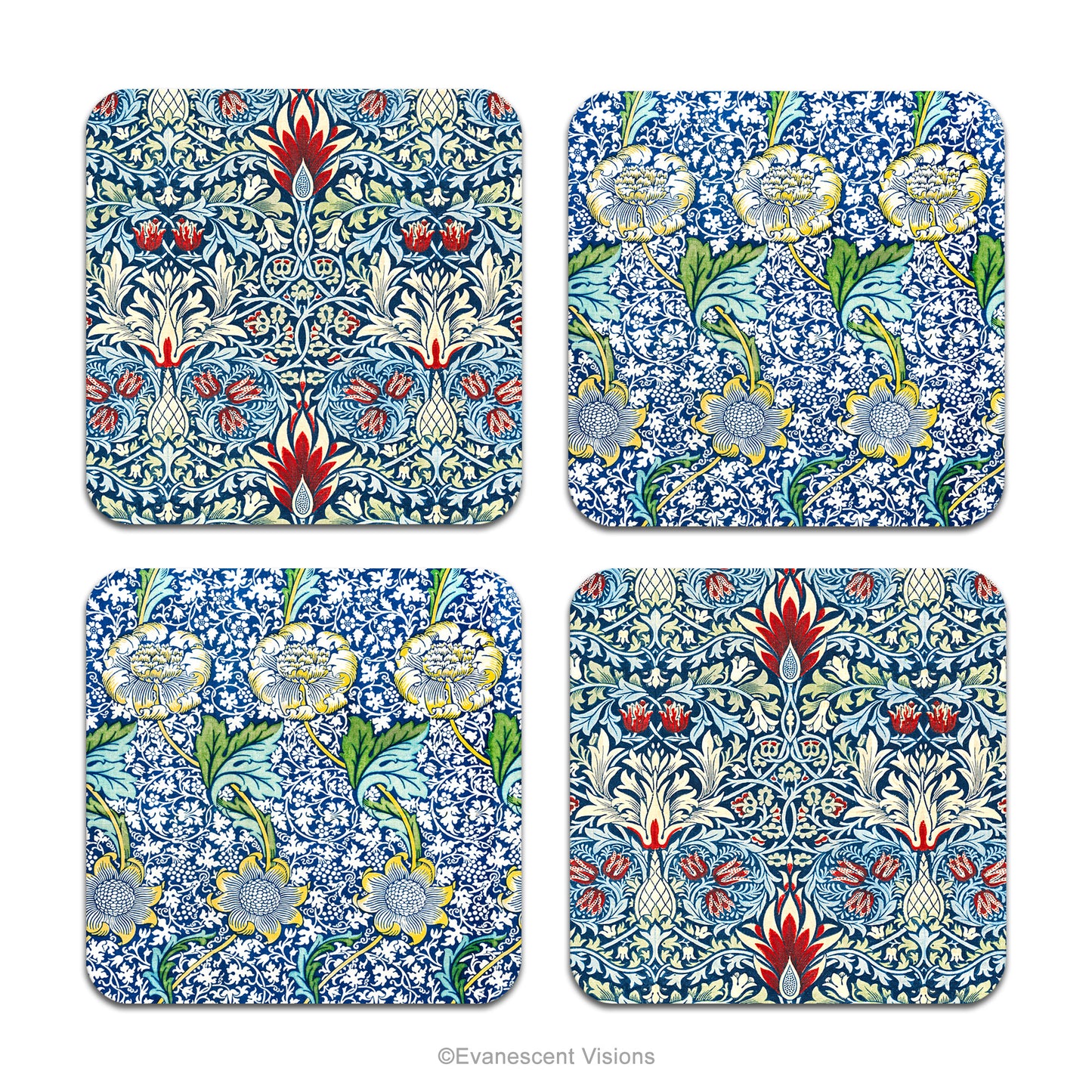 Set of 4 coasters with patterned images from the 'Snakeshead' and 'Kennet' designs by William Morris