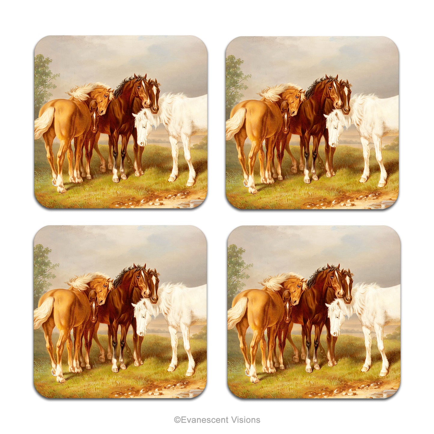 Set of 4 Horses in Nature Drinks Coasters with detail from painting 'Horses, after Carl Wahlbom' by Magnus von Wright