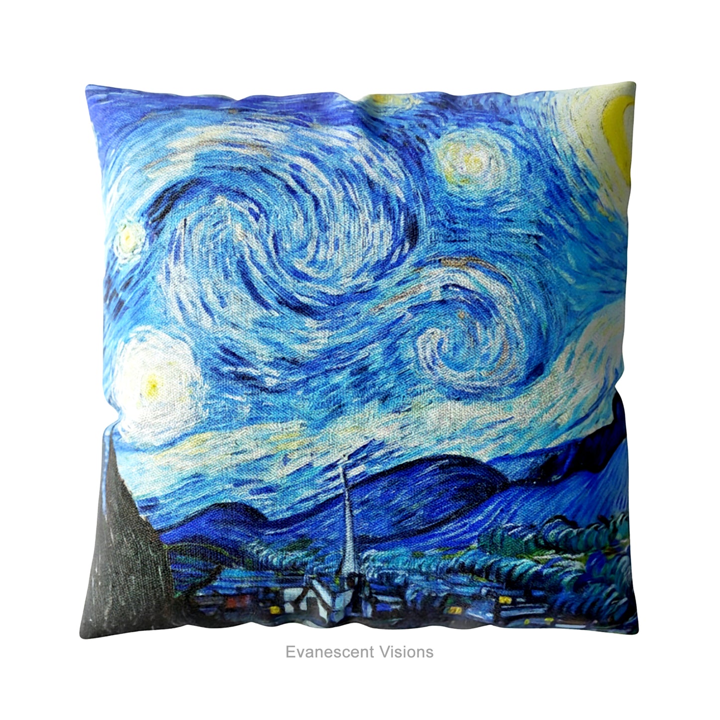 A square artistic themed cushion featuring Vincent van Gogh's 'Starry Night' painting' in blue and yellow tones.